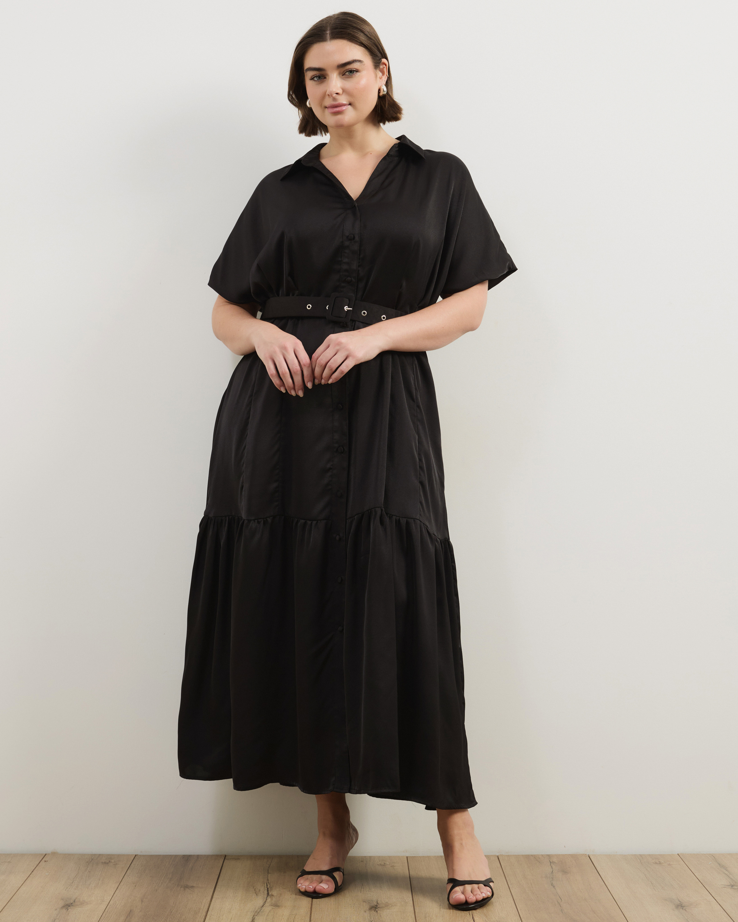 Margot Satin Short Sleeve Midi Dress