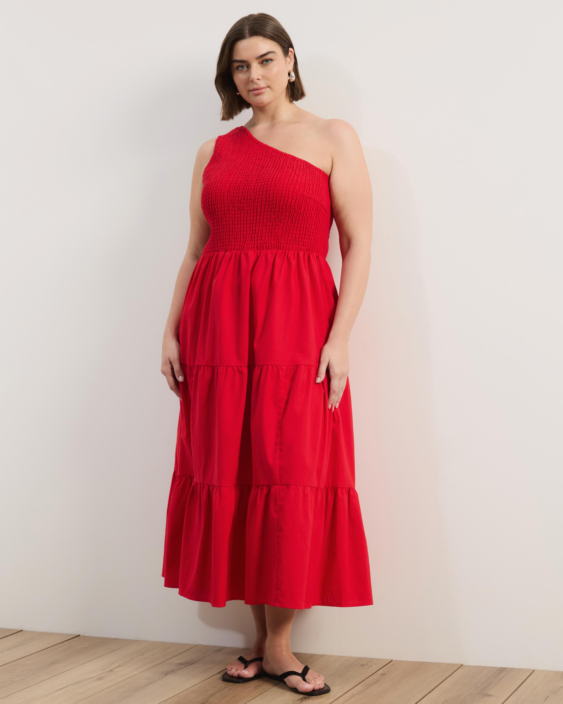 Josie Linen Blend One Shoulder Tiered Maxi Dress