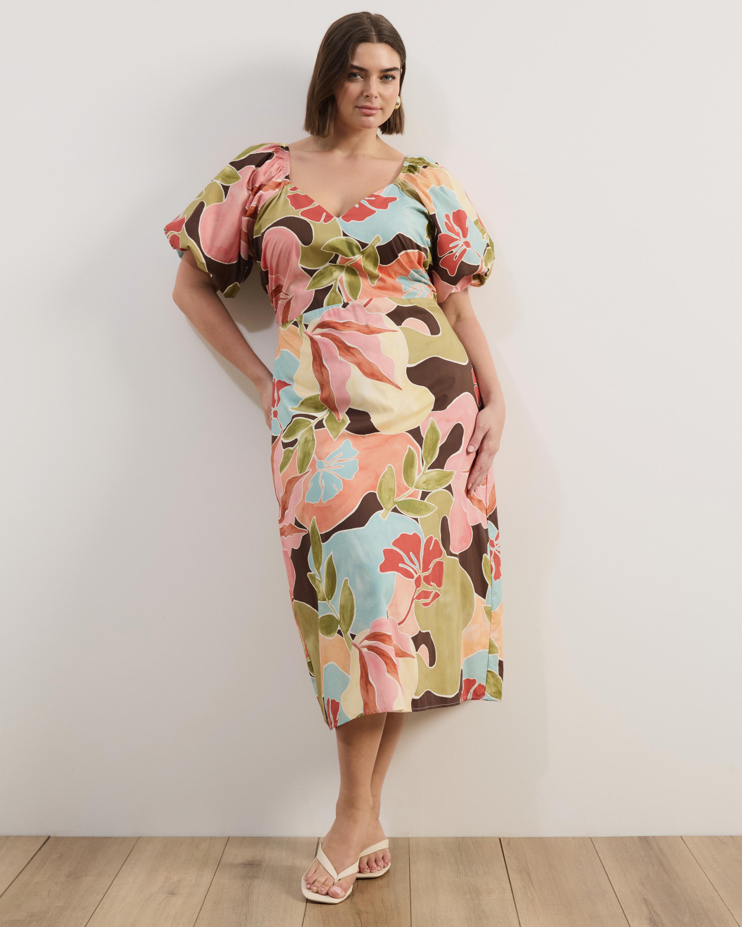 Kiki Puff Sleeve Cotton Poplin Midi Dress
