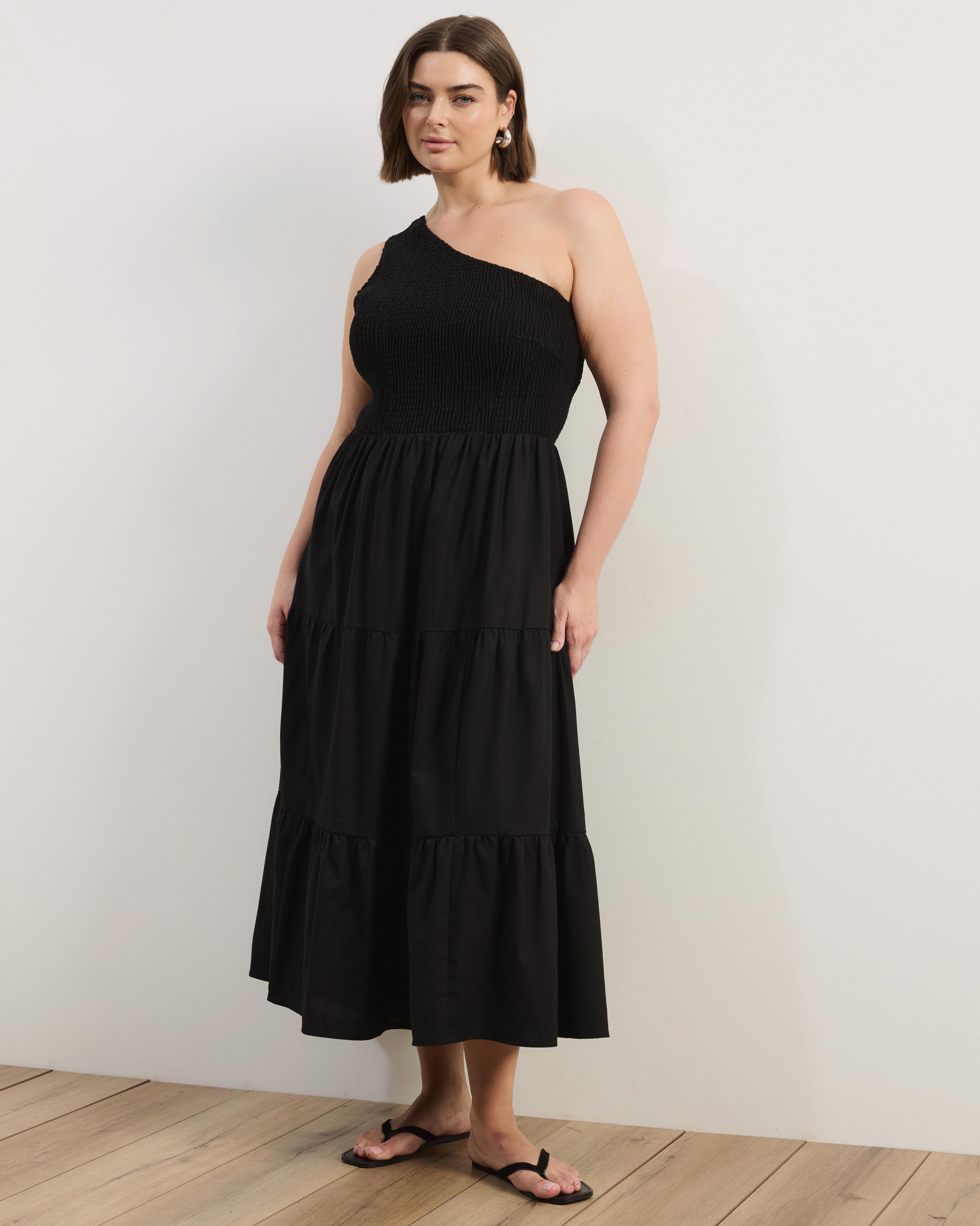 Josie Linen Blend One Shoulder Tiered Maxi Dress