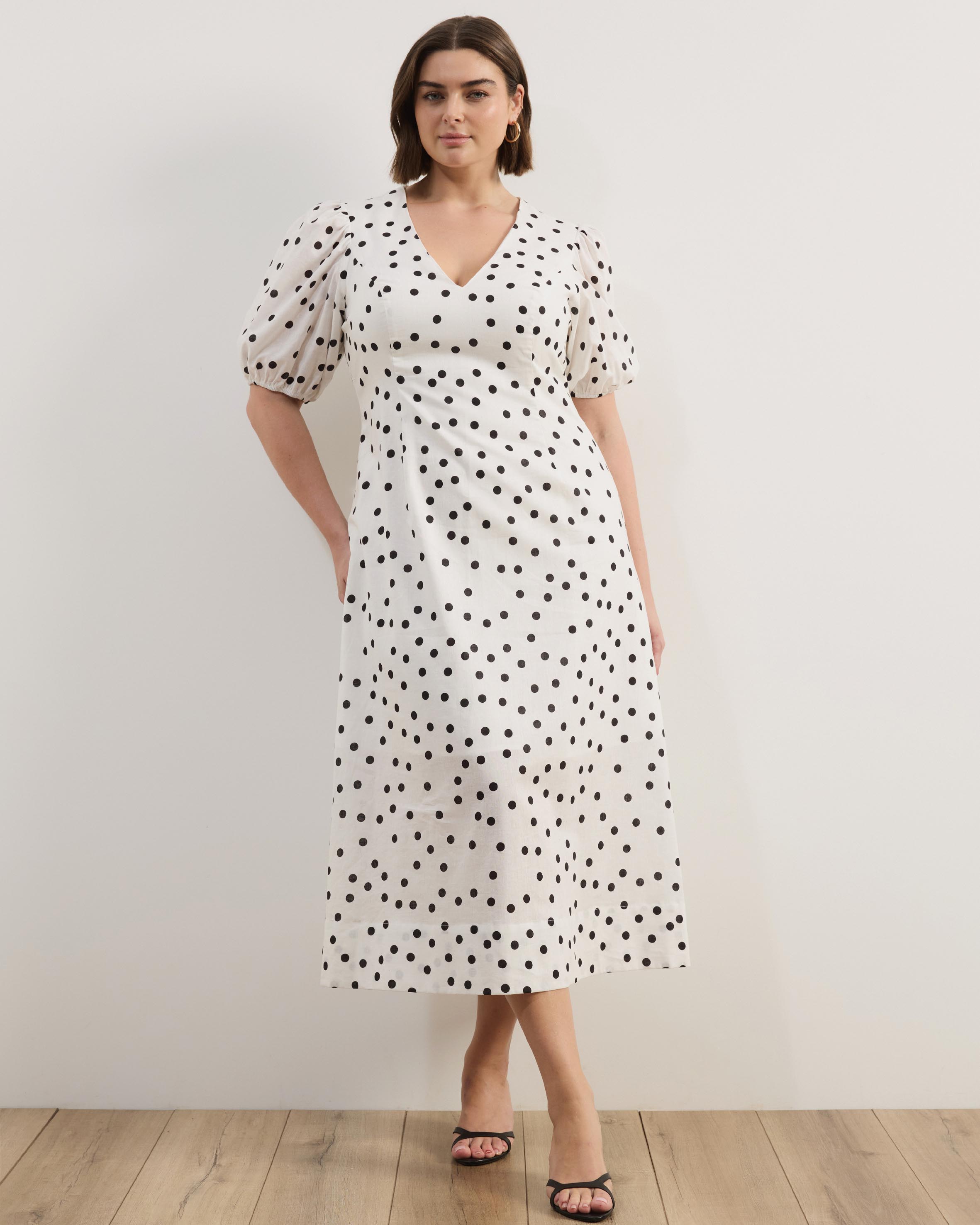 Stephanie Polka Dot Sweetheart Puff Sleeve Linen Blend Midi Dress