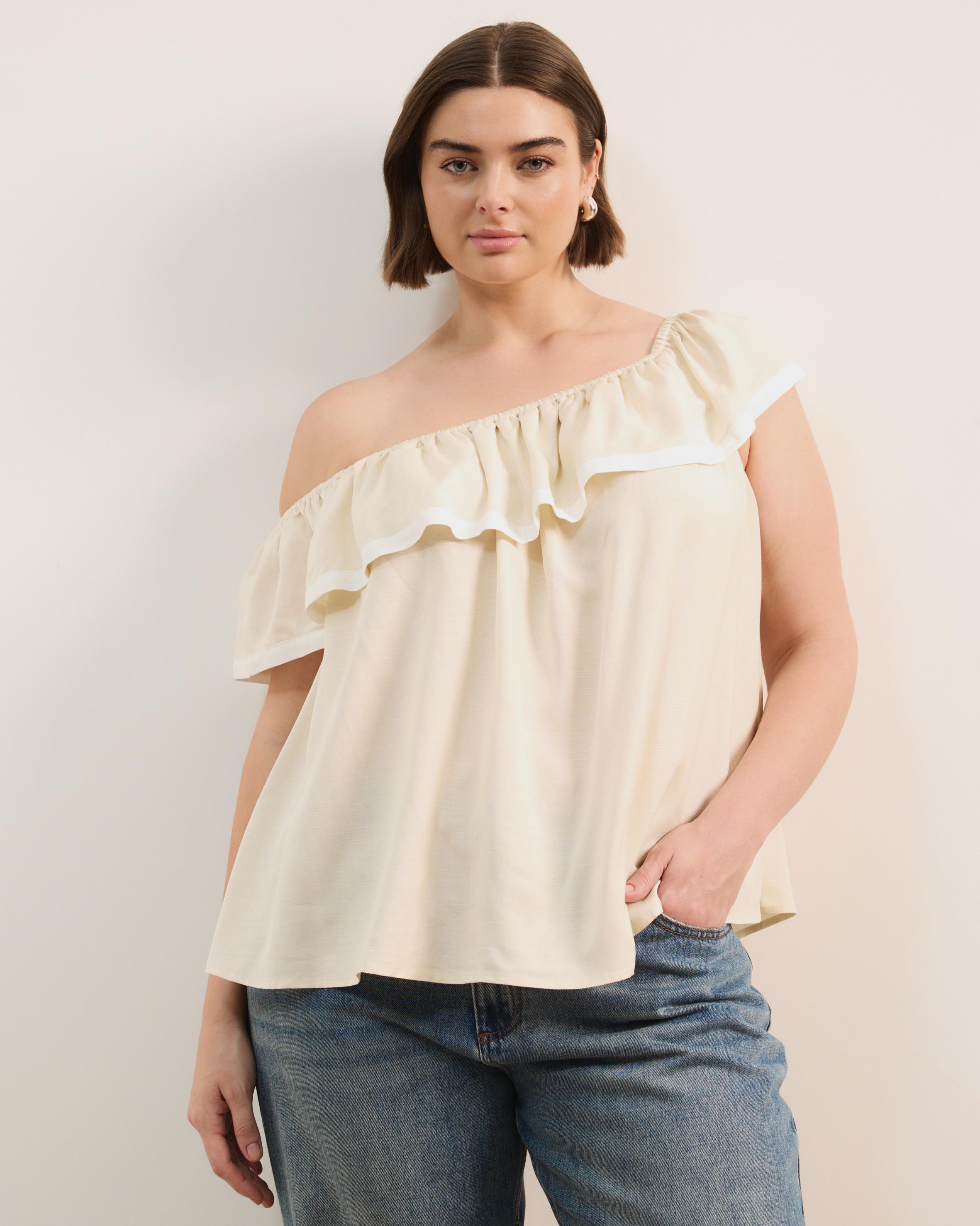 Sienna Linen Blend One Shoulder Tier Top With Contrast Trim