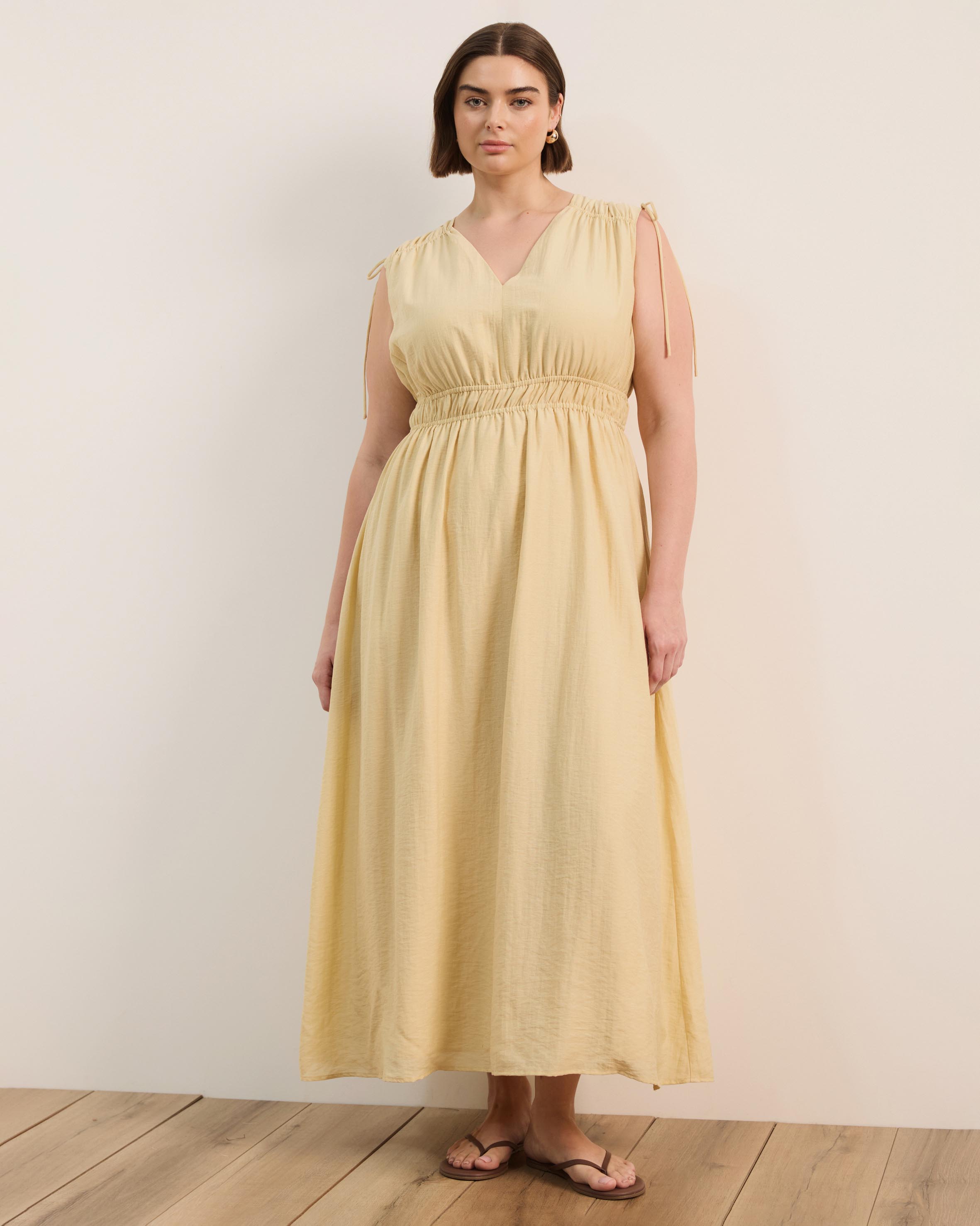 Luna Linen Blend Sleeveless Gathered Maxi Dress