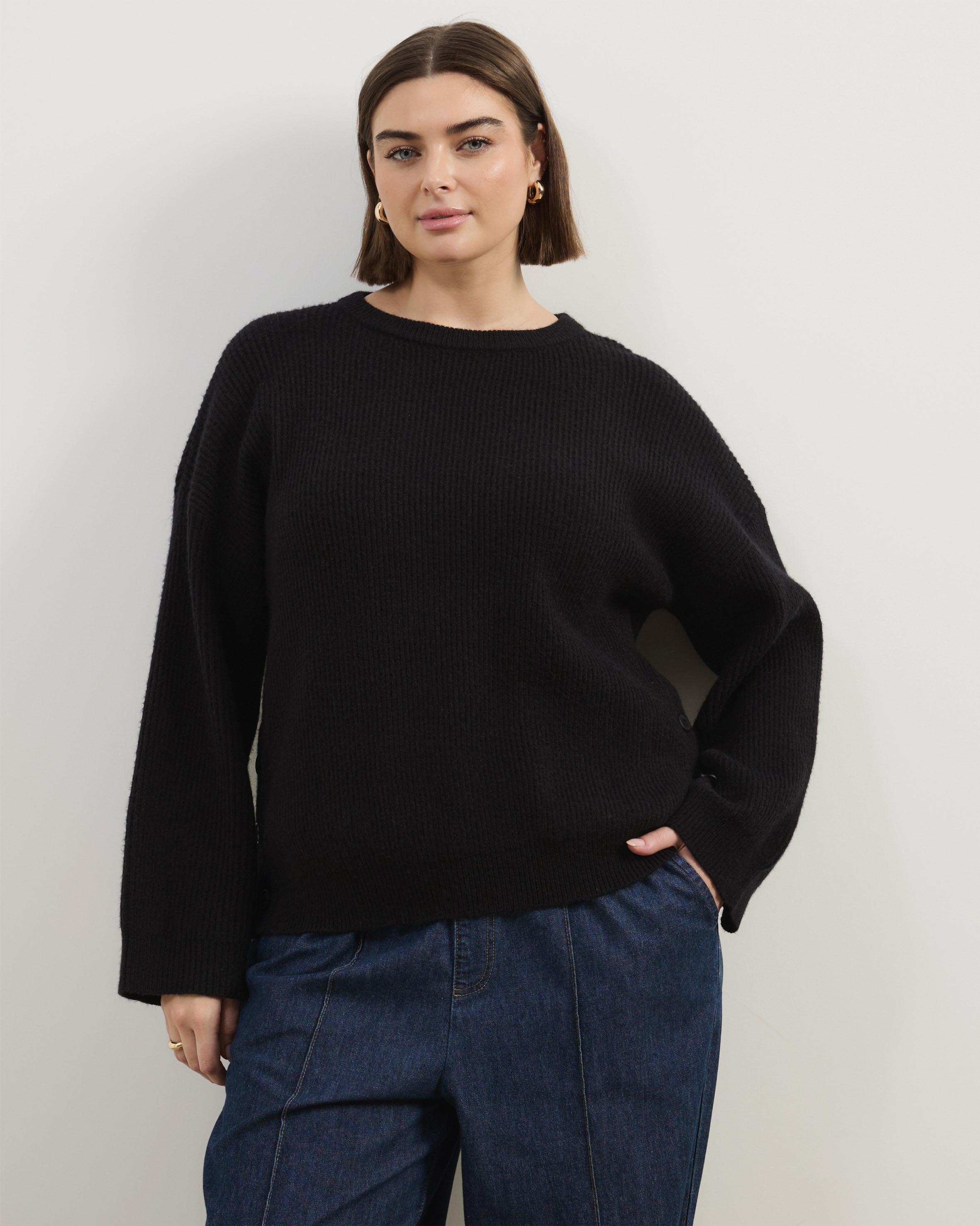 Rory Crewneck Knit Jumper With Button Detail At Side Seam