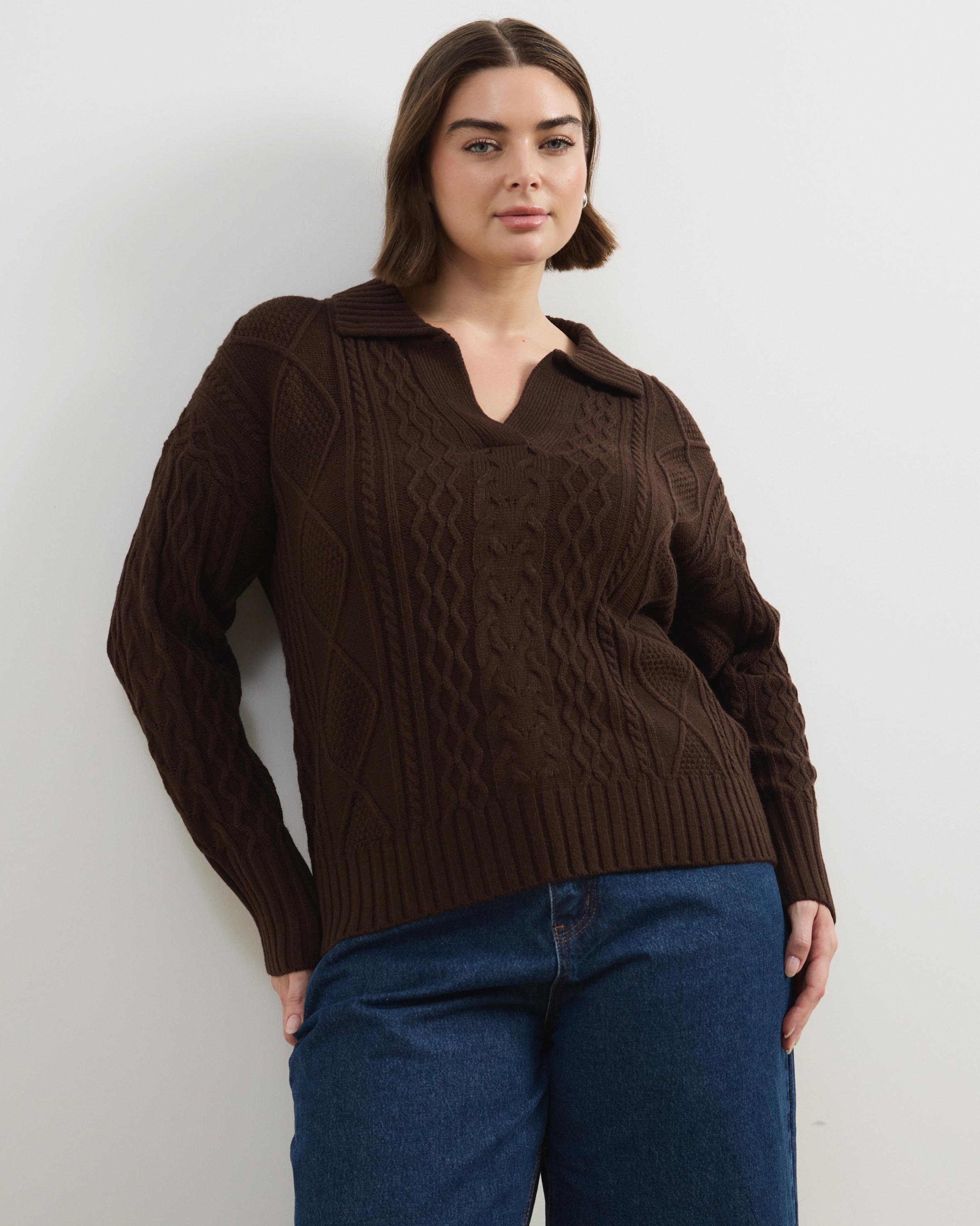 Faye Cable Knit Pullover With Collar