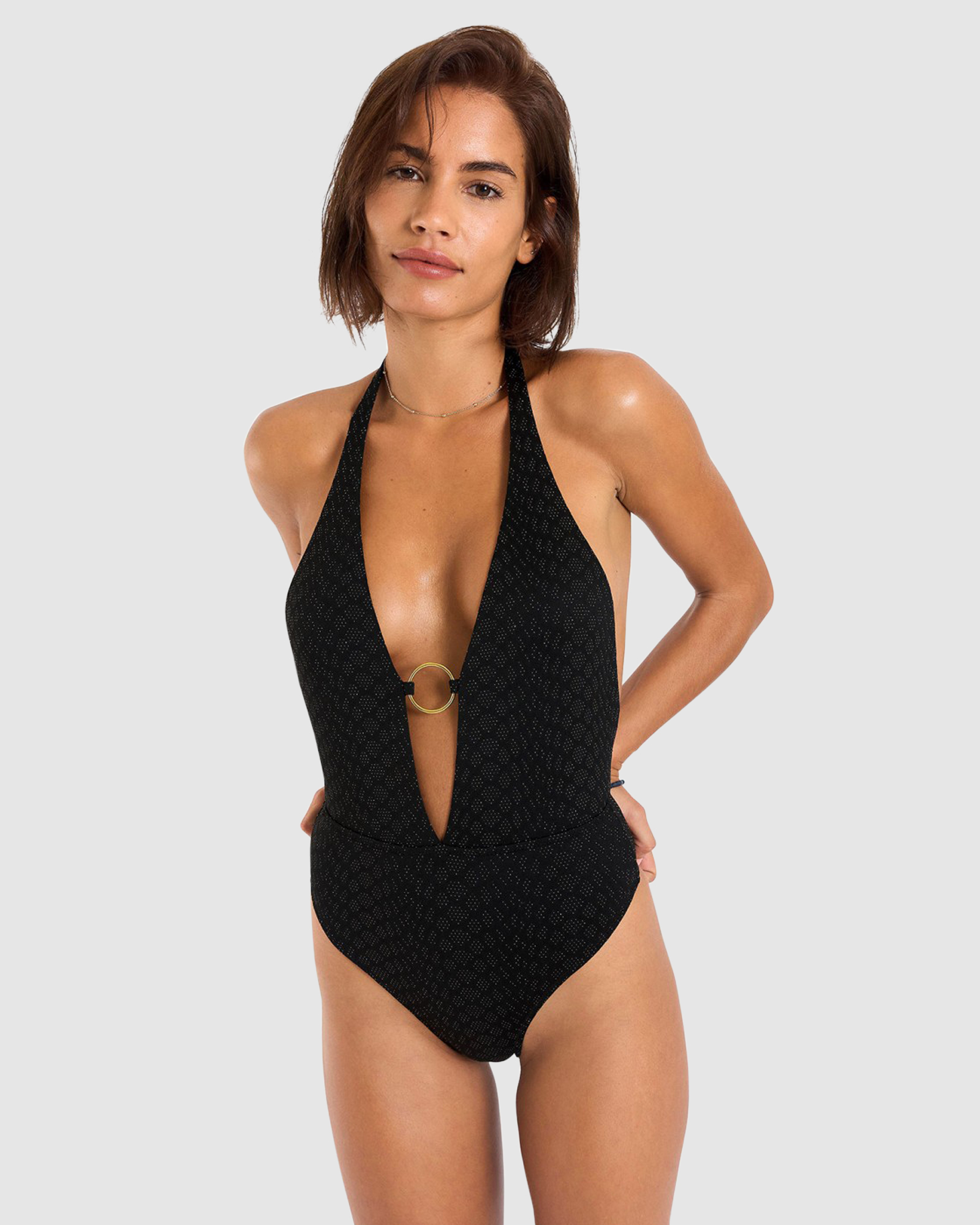 Encanto Caititu Plunge Neck Backless Halter One-Piece Swimsuit