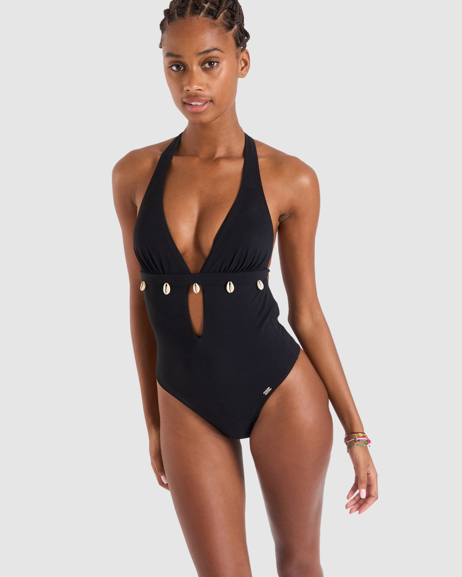 Shellina Low Back One-Piece Halter Swimsuit with Shells