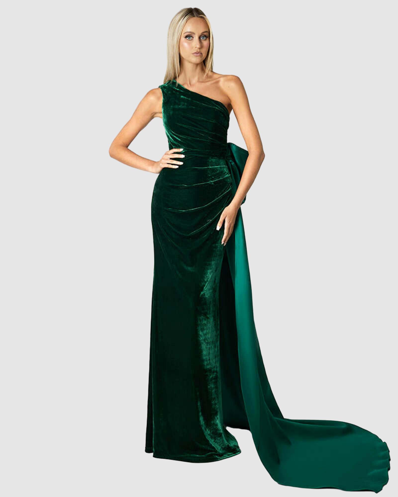Kalista One Shoulder Gown With Back Bow Train