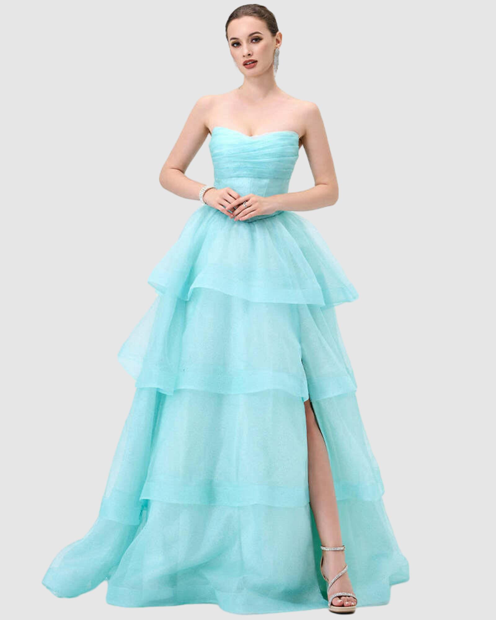 Mint Tiff Strapless Tiered Ball Gown