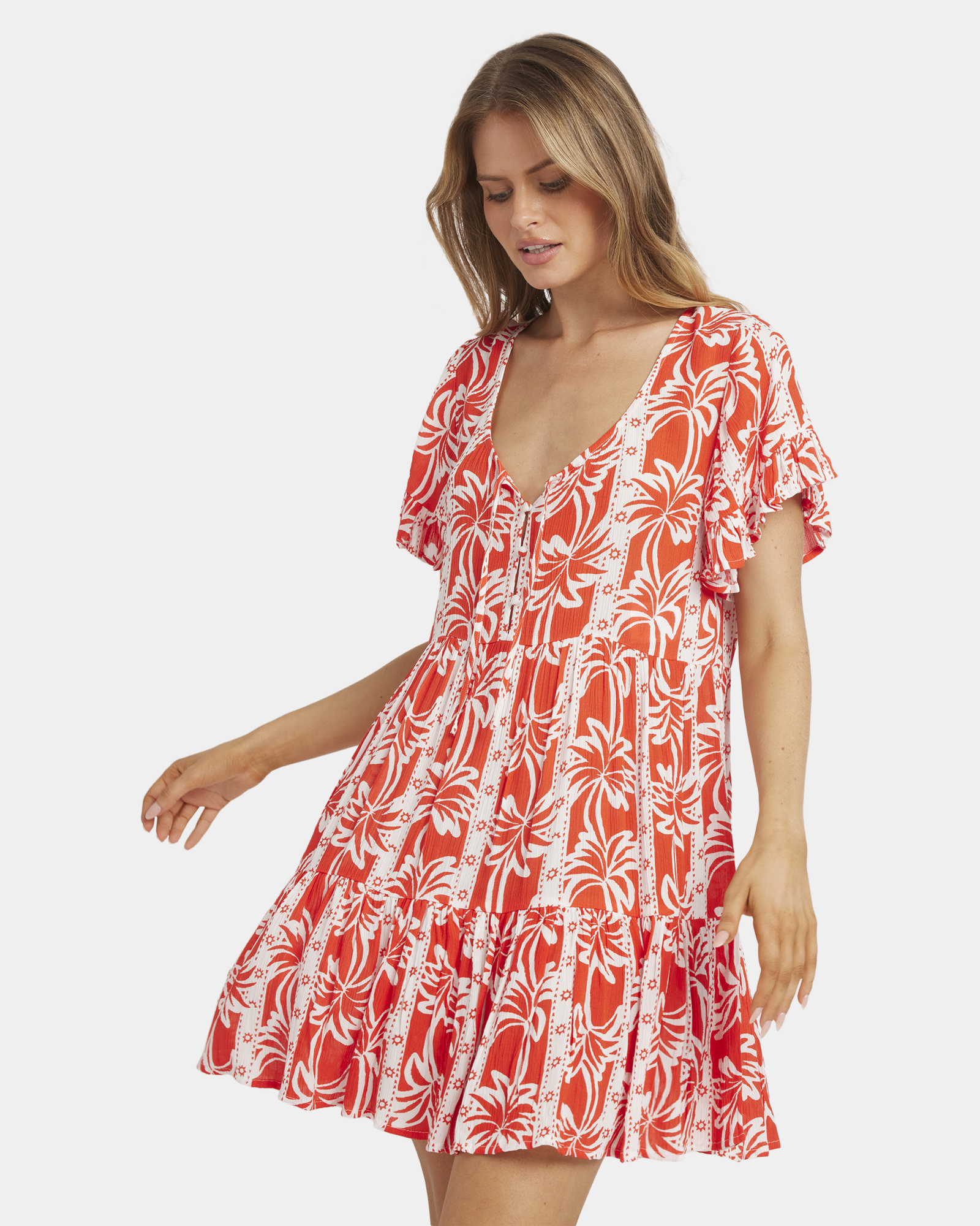 Womens Row Of Palms Tiered Mini Dress