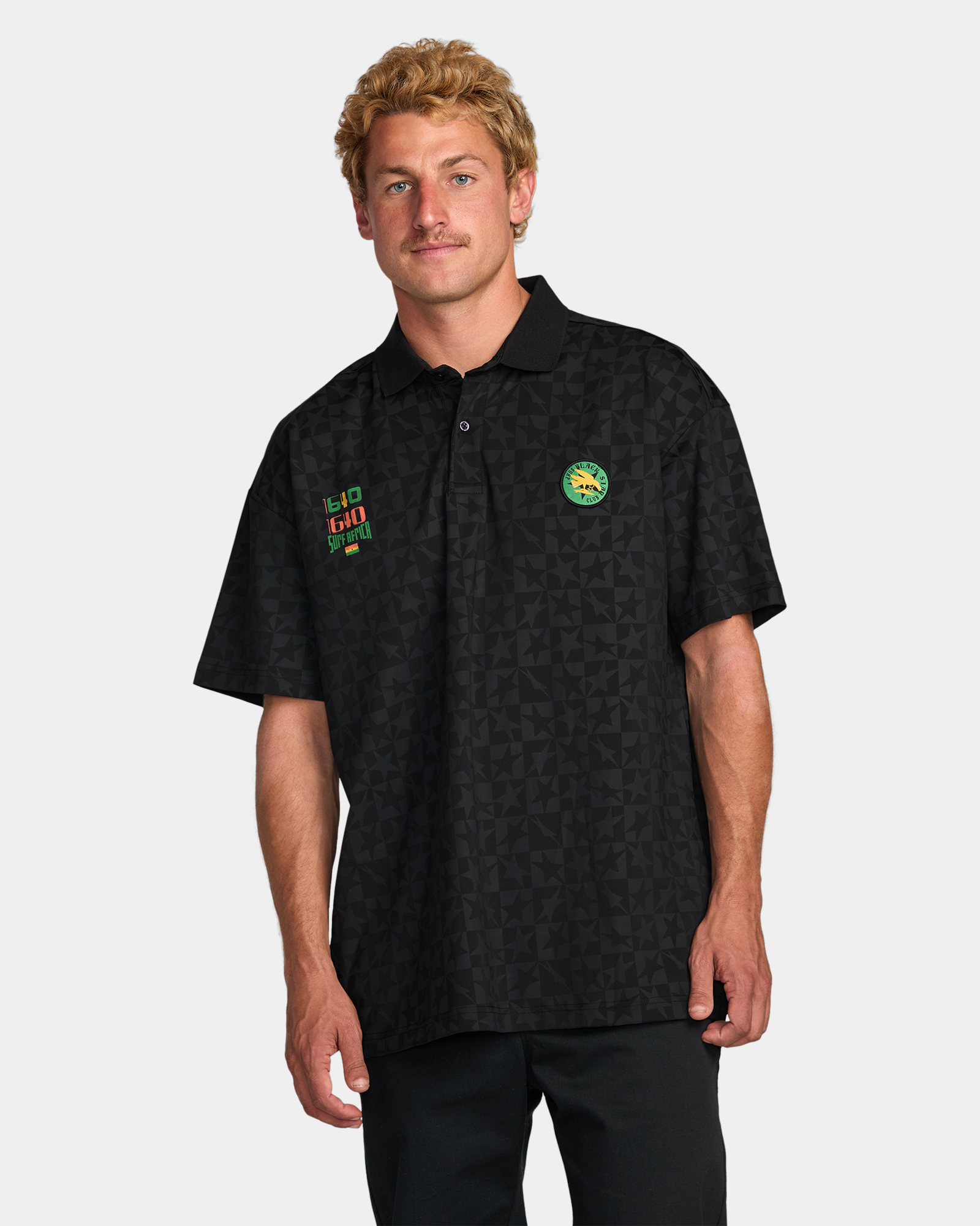 Mens Black Star Surf Short Sleeve Polo
