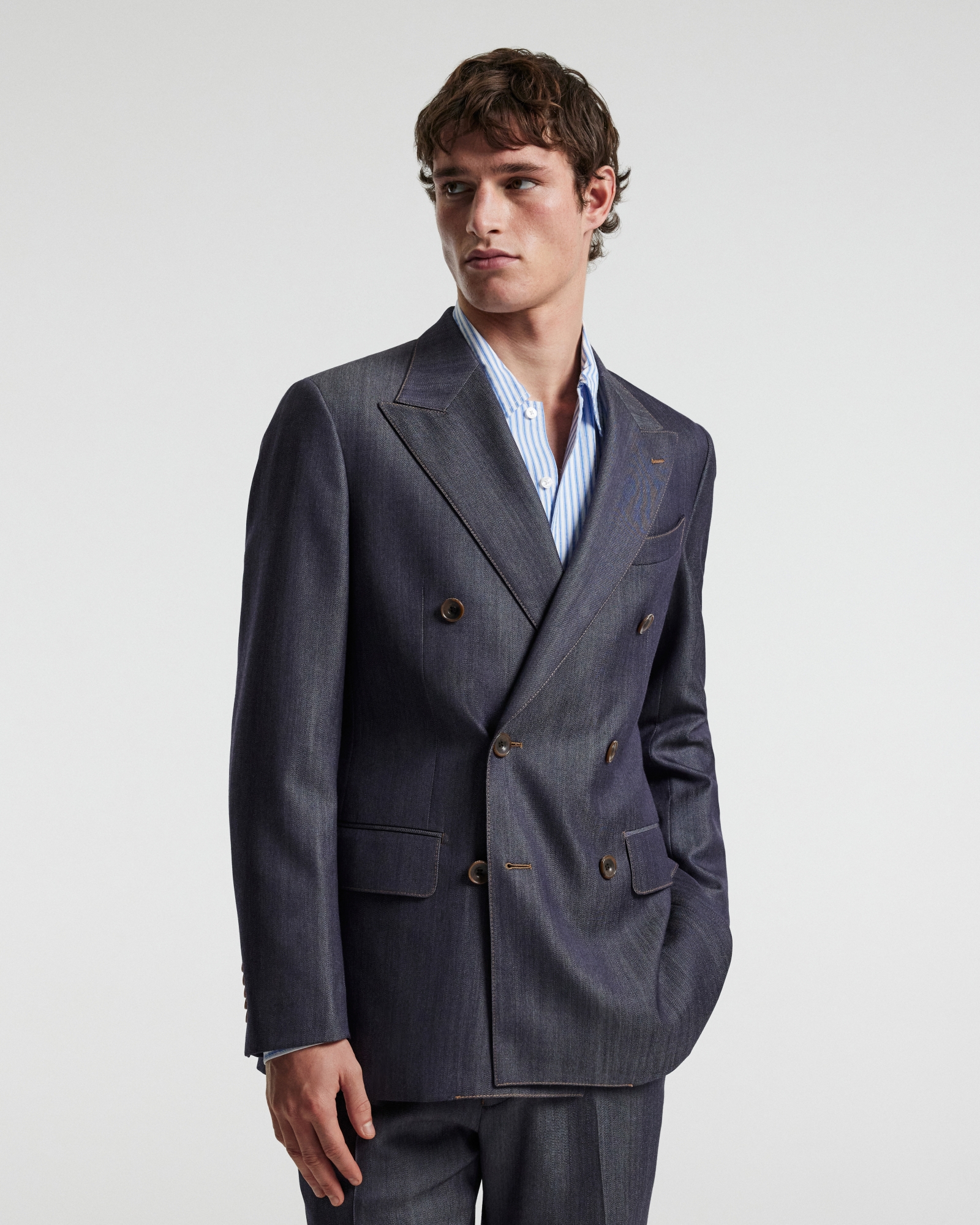 Wool Denim Double-Breasted Suit Jacket Navy