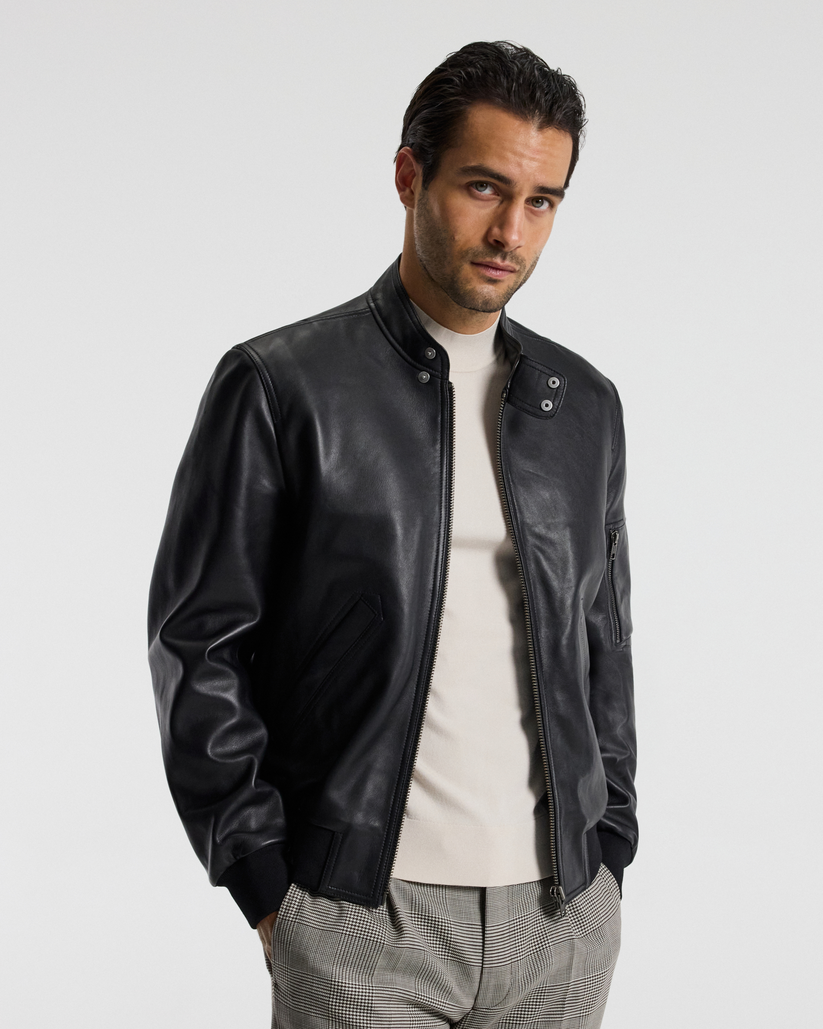 Stand Collar Leather Bomber Jacket Black