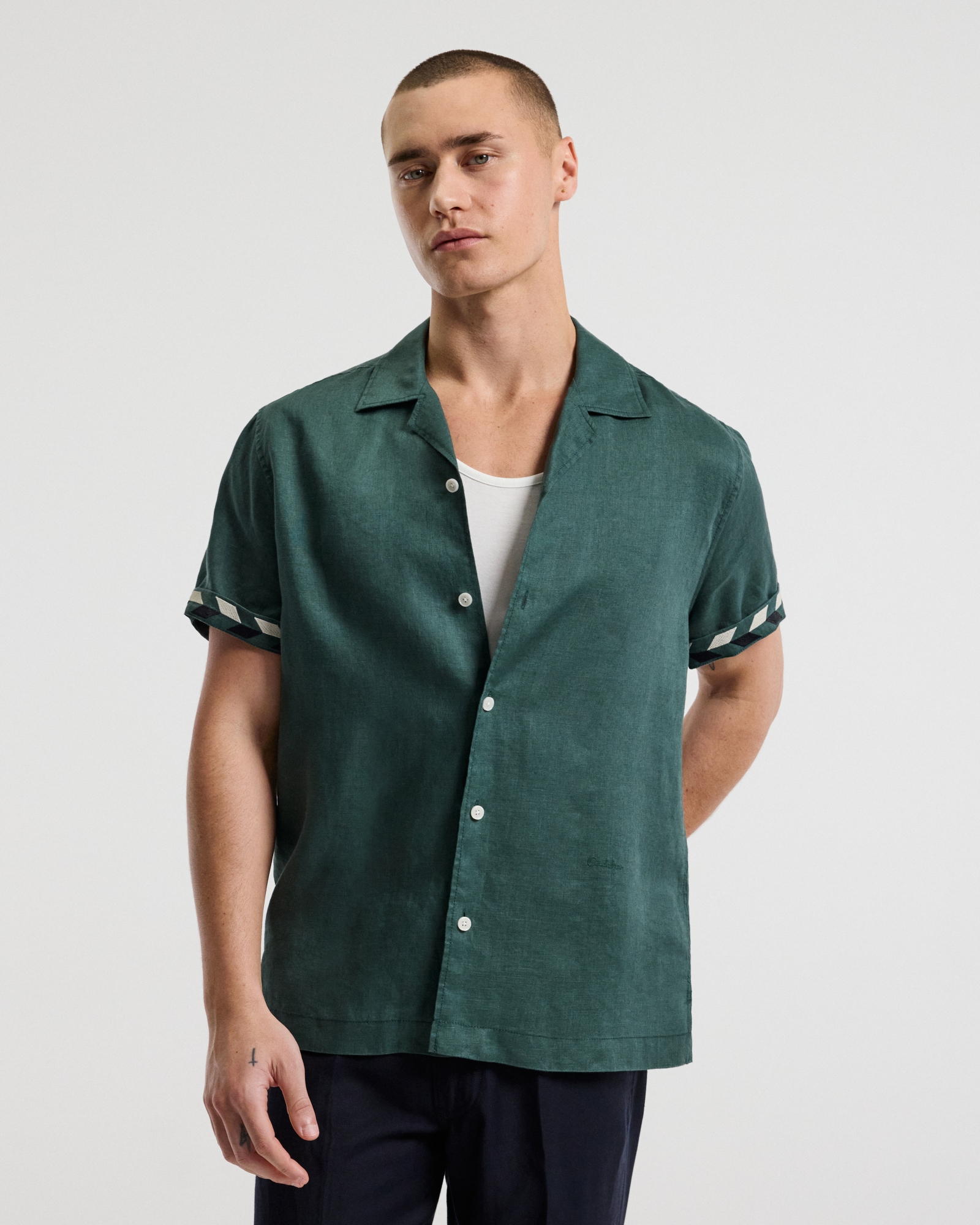 Cuff Detail Short Sleeve Linen Shirt Sea Green