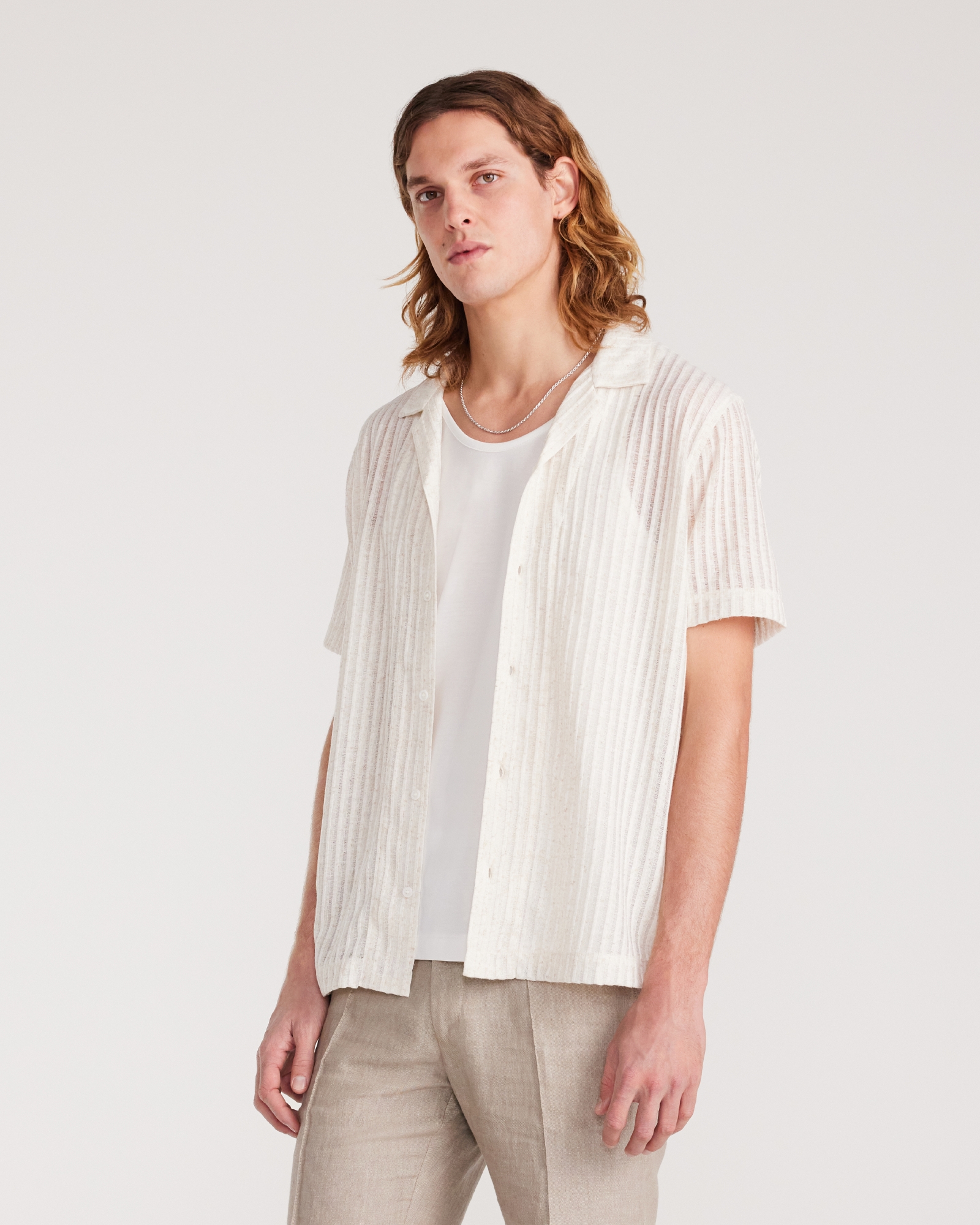 Striped Open Knit Short Sleeve Shirt Natural