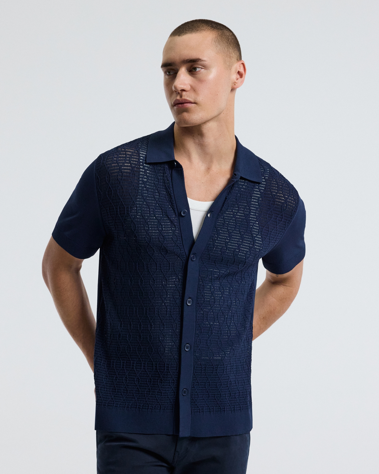 Cable Short Sleeve Knit Shirt Royal Blue