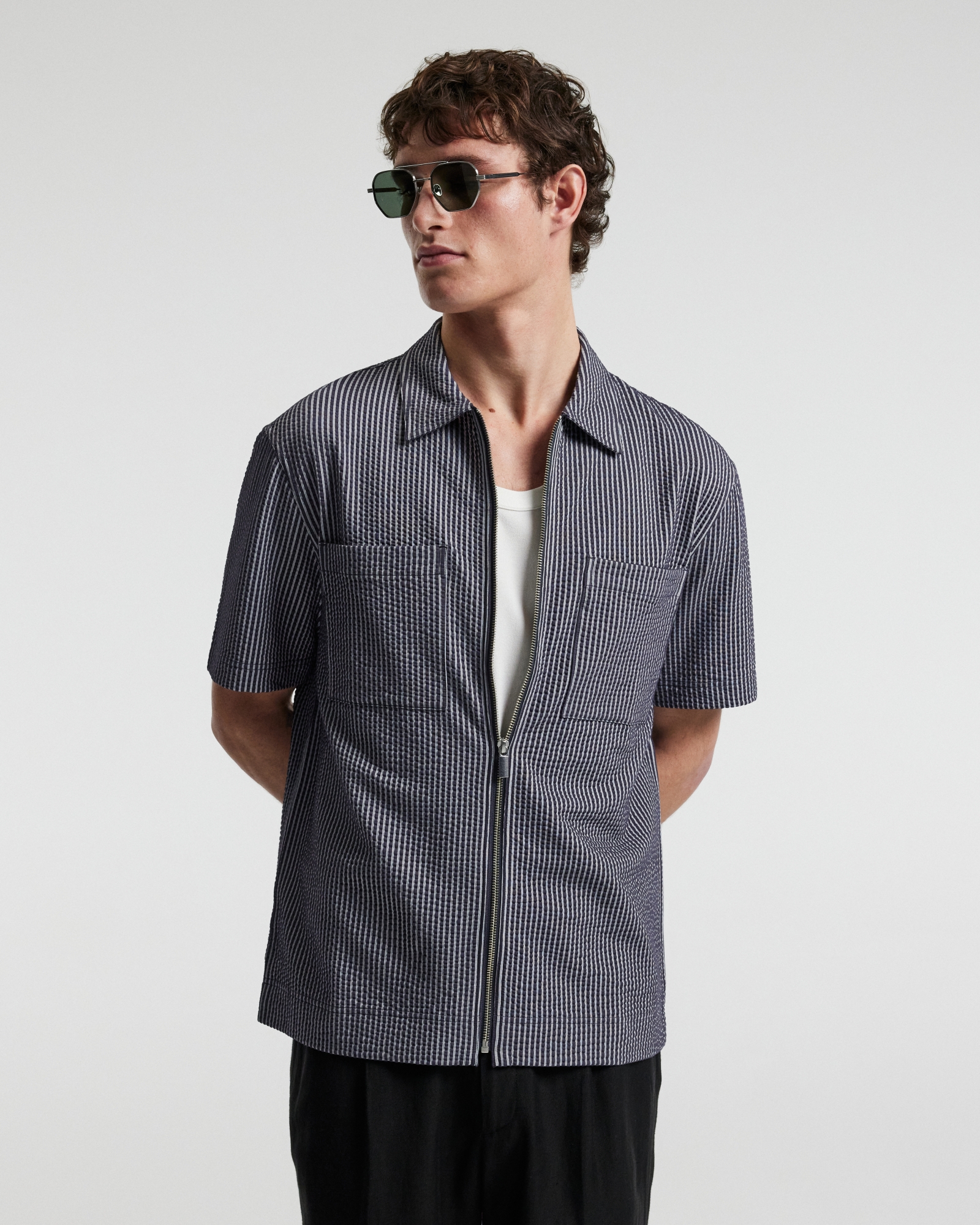 Stripe Zip Through Shirt Navy
