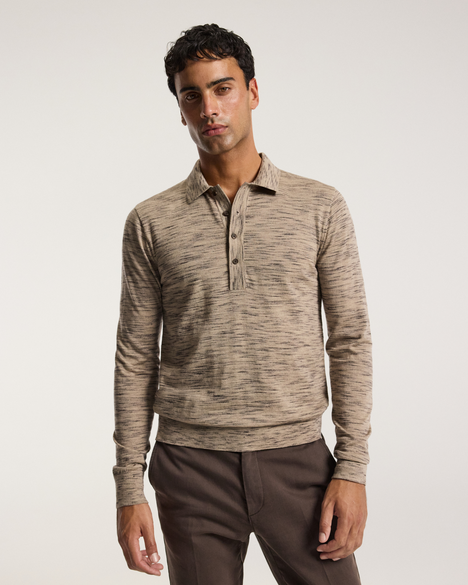 Melange Merino Wool Long Sleeve Polo Flint