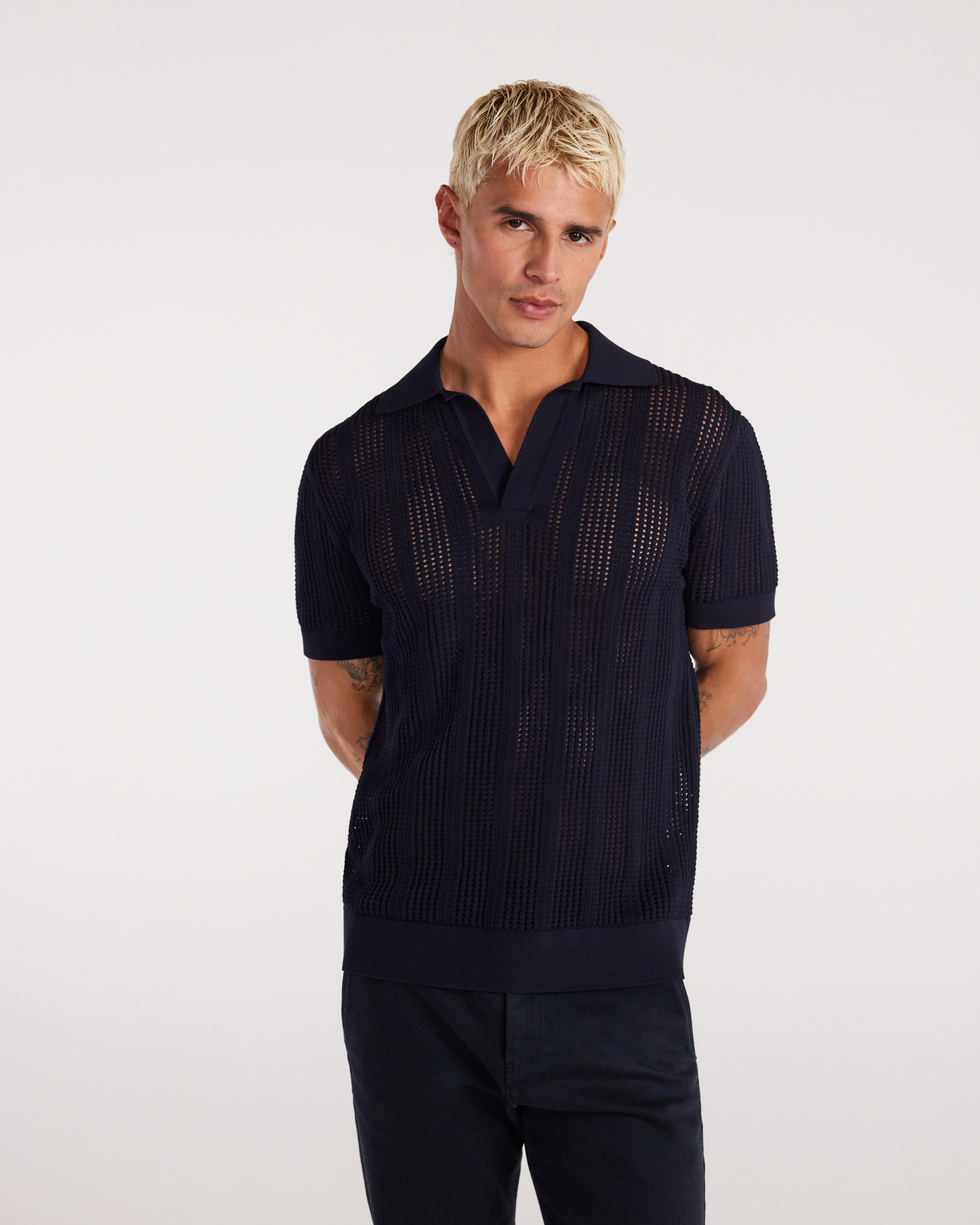 Self Stripe Mesh Knit Polo Navy