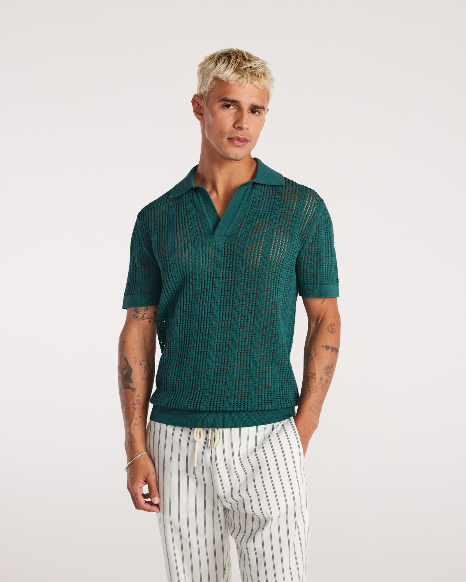 Self Stripe Mesh Knit Polo Jade