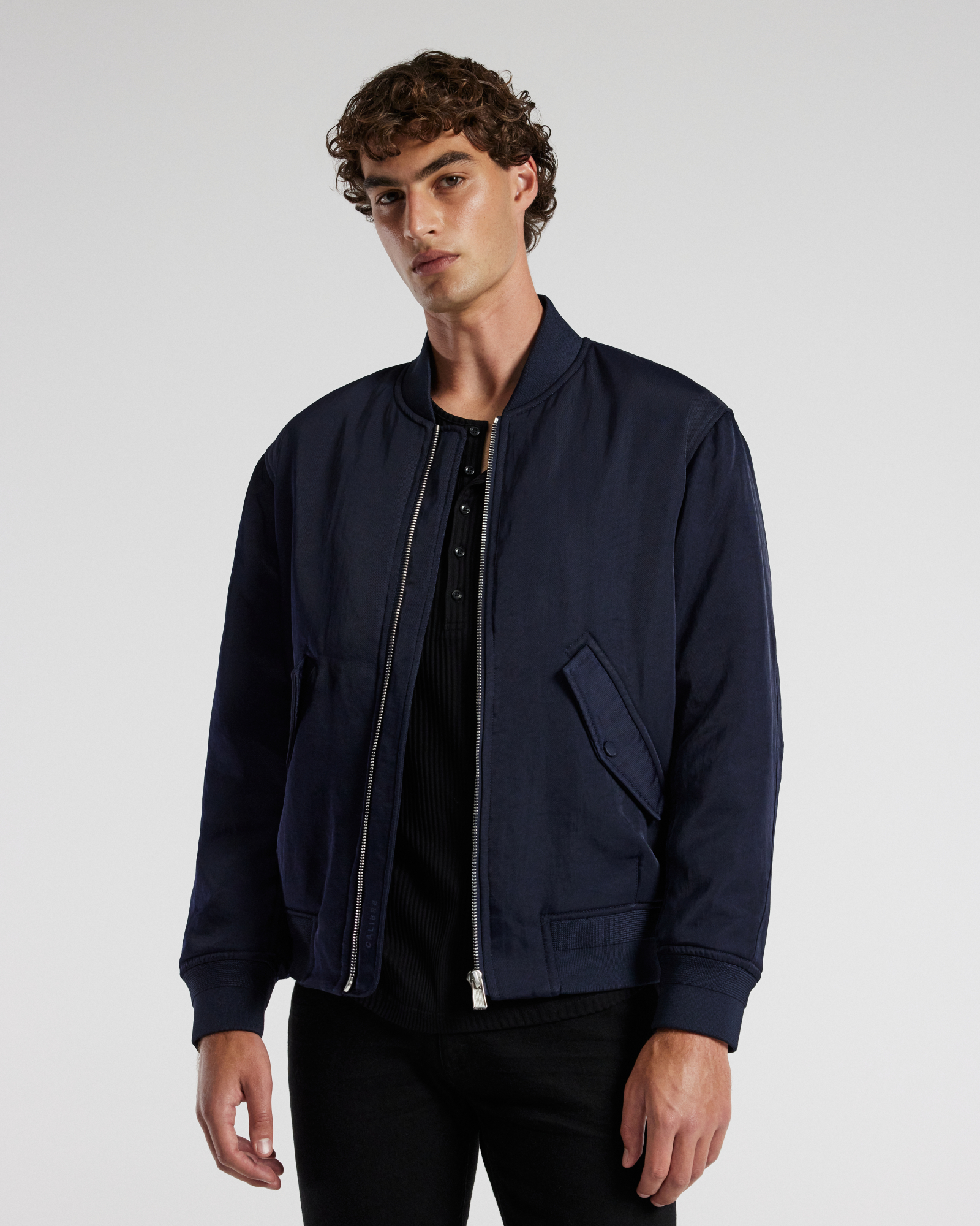 Padded Nylon Bomber Jacket Navy