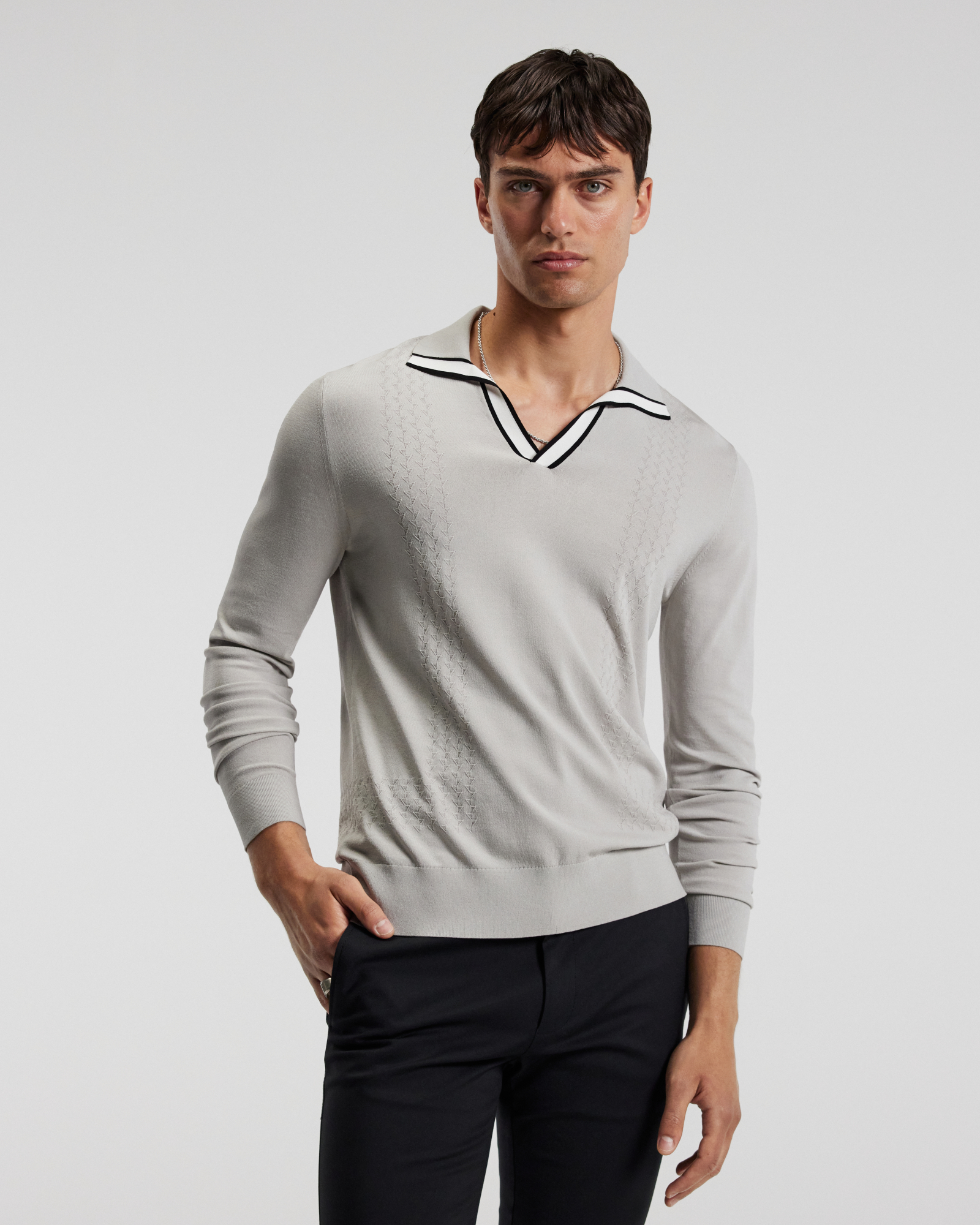Open Neck Long Sleeve Polo Silver