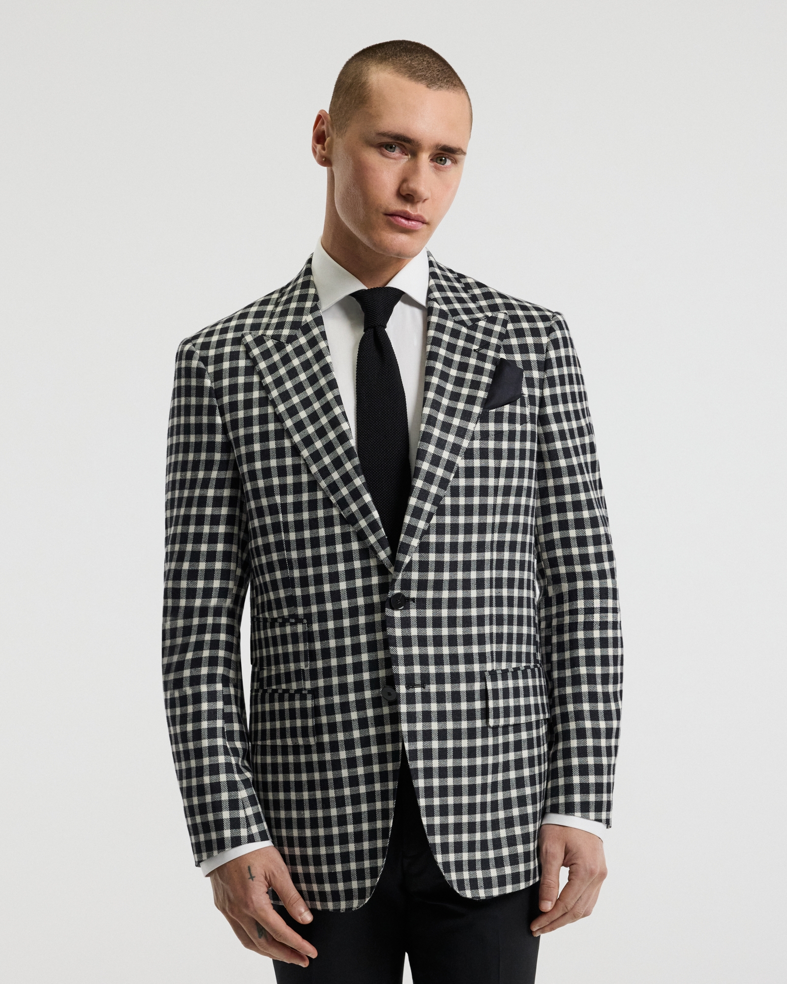 Wool Silk Linen Check Blazer Black
