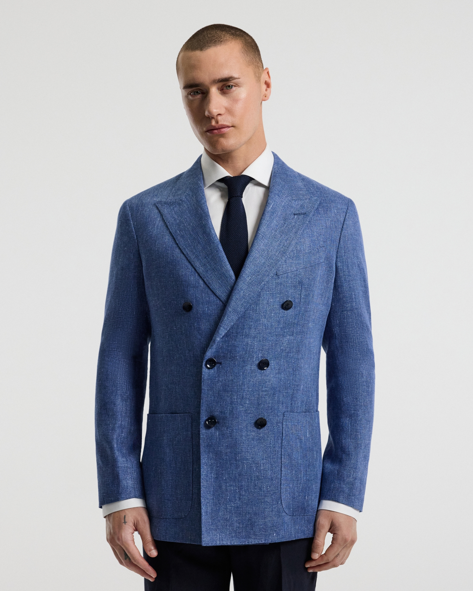 Linen Lyocell Twill Double-Breasted Blazer Blue