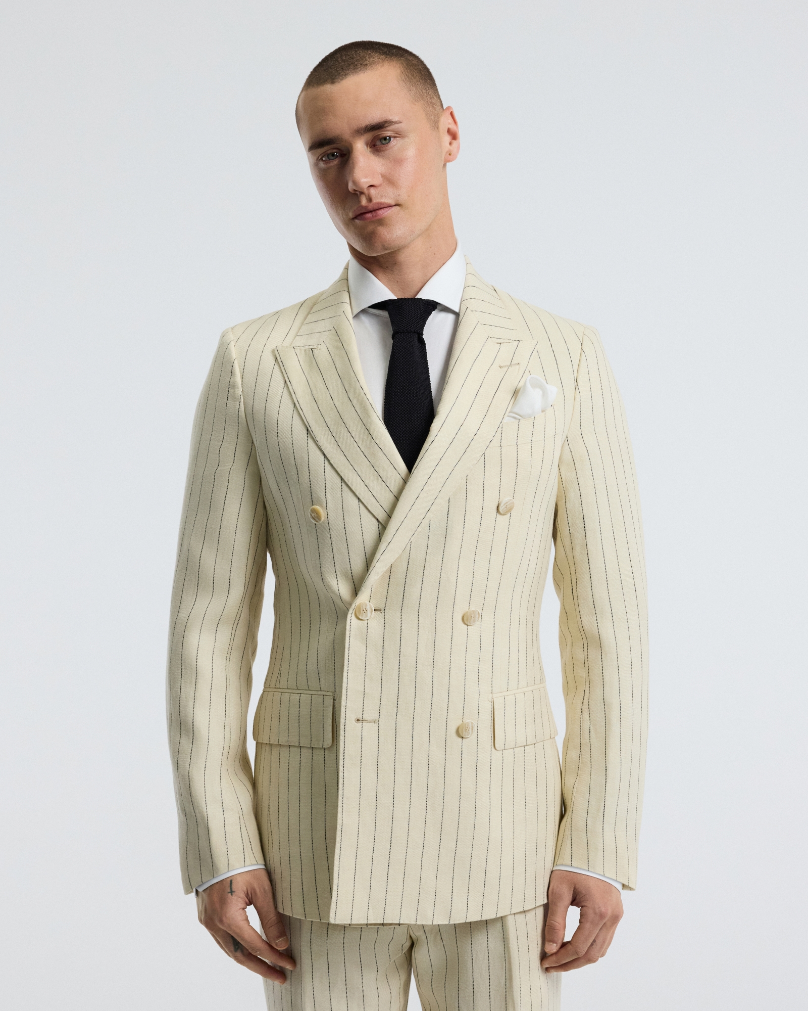 Striped Double-Breasted Suit Jacket Bone