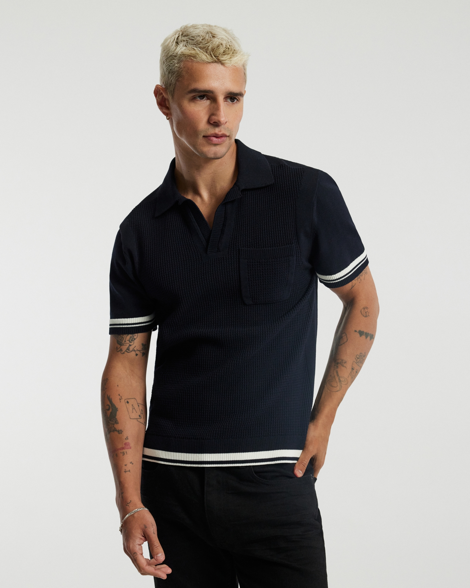 Striped Trim Textured Knit Polo Navy
