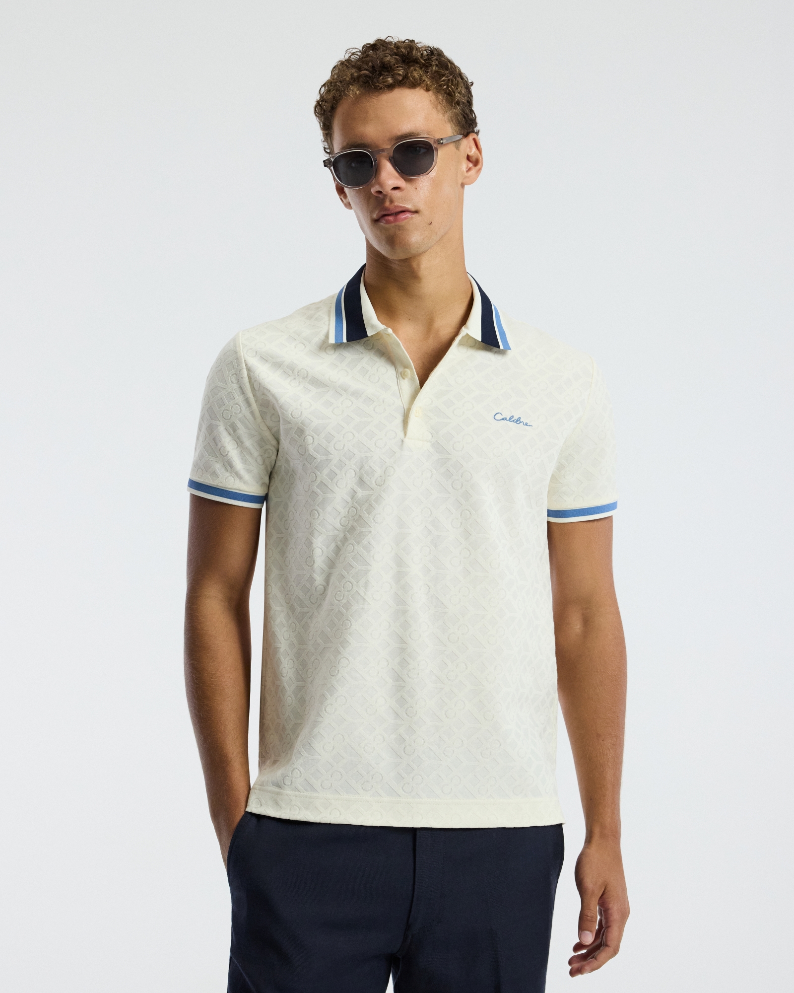 Striped Trim Monogram Polo Cream