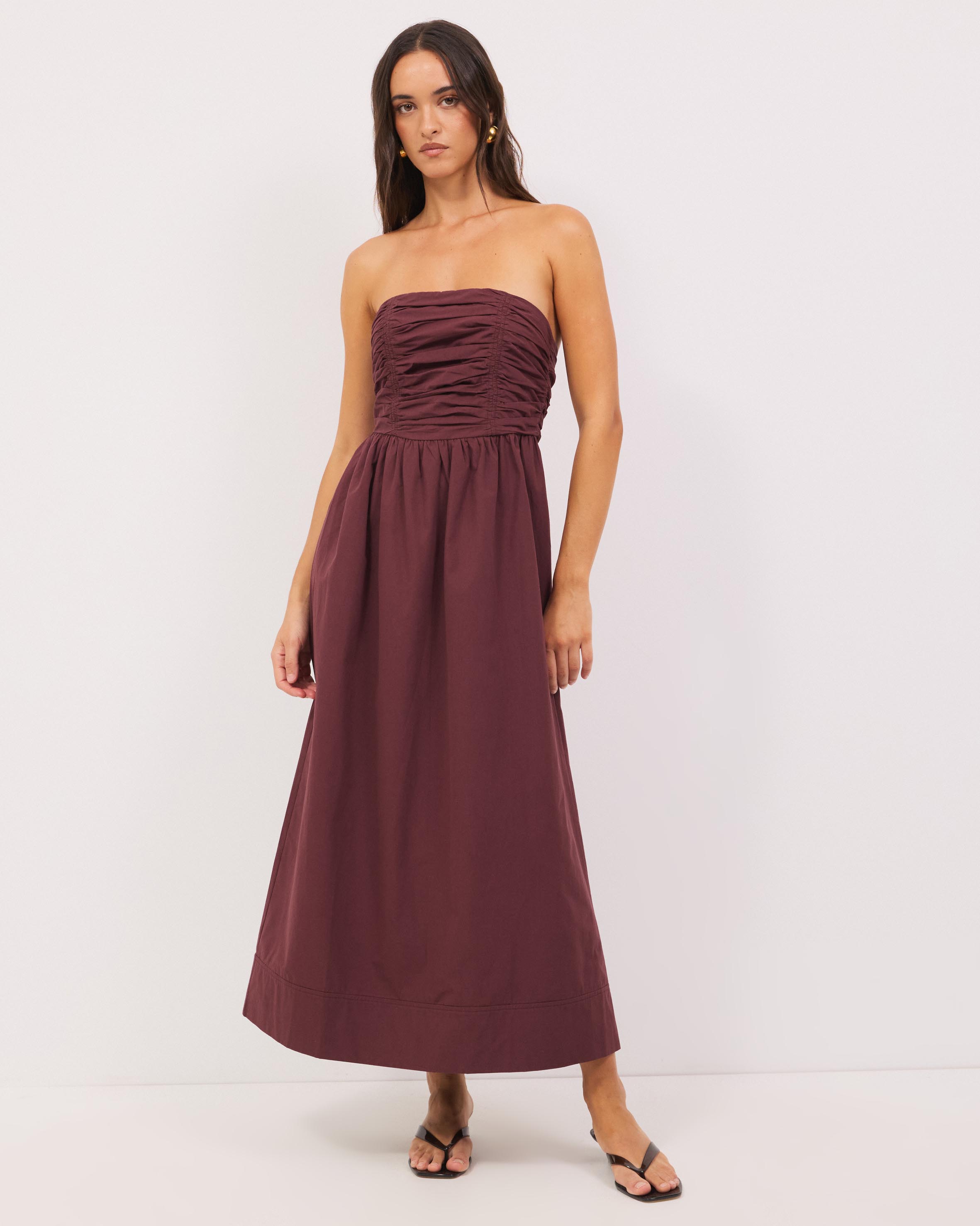 Strapless Gathered Midi Dress