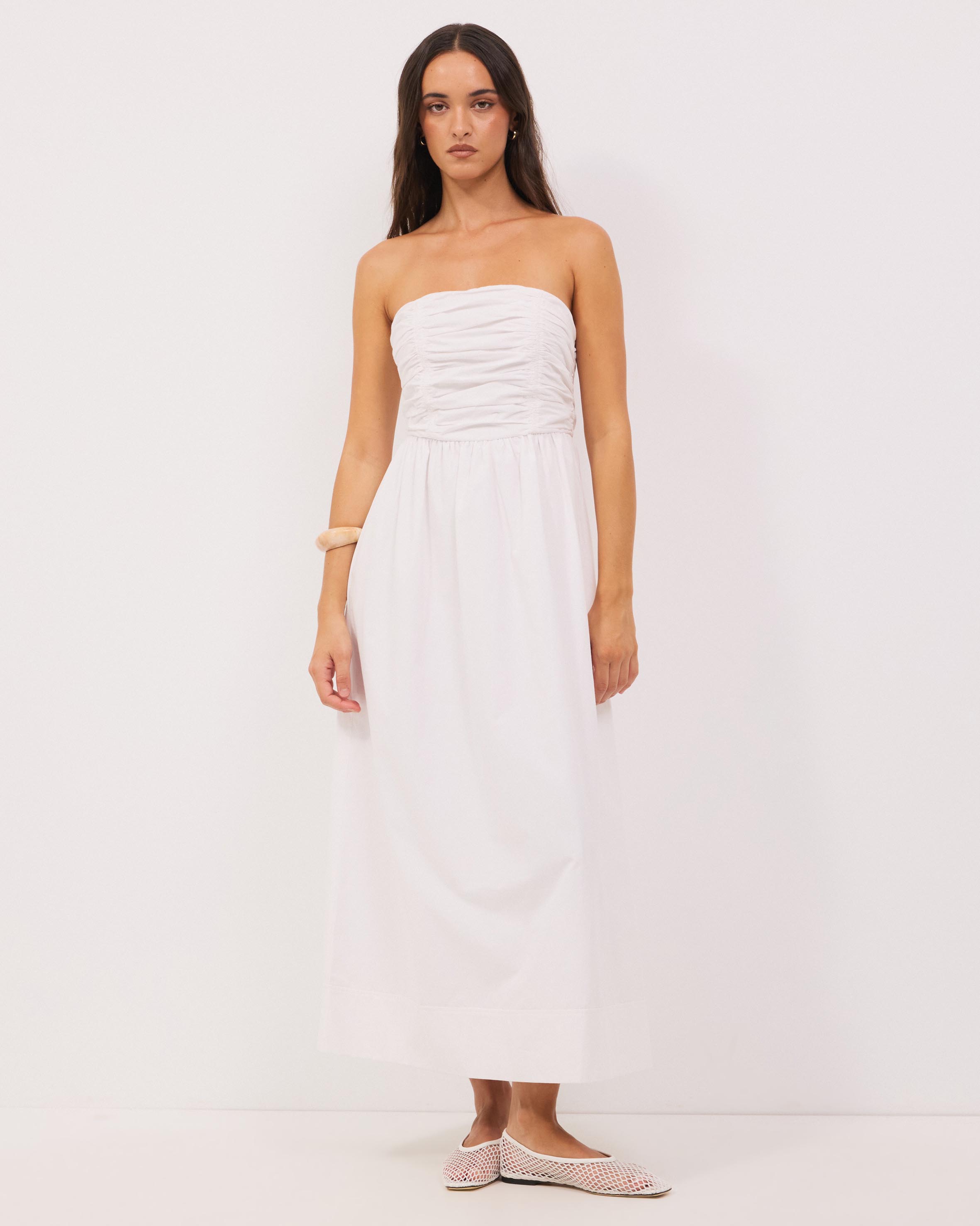 Strapless Gathered Midi Dress