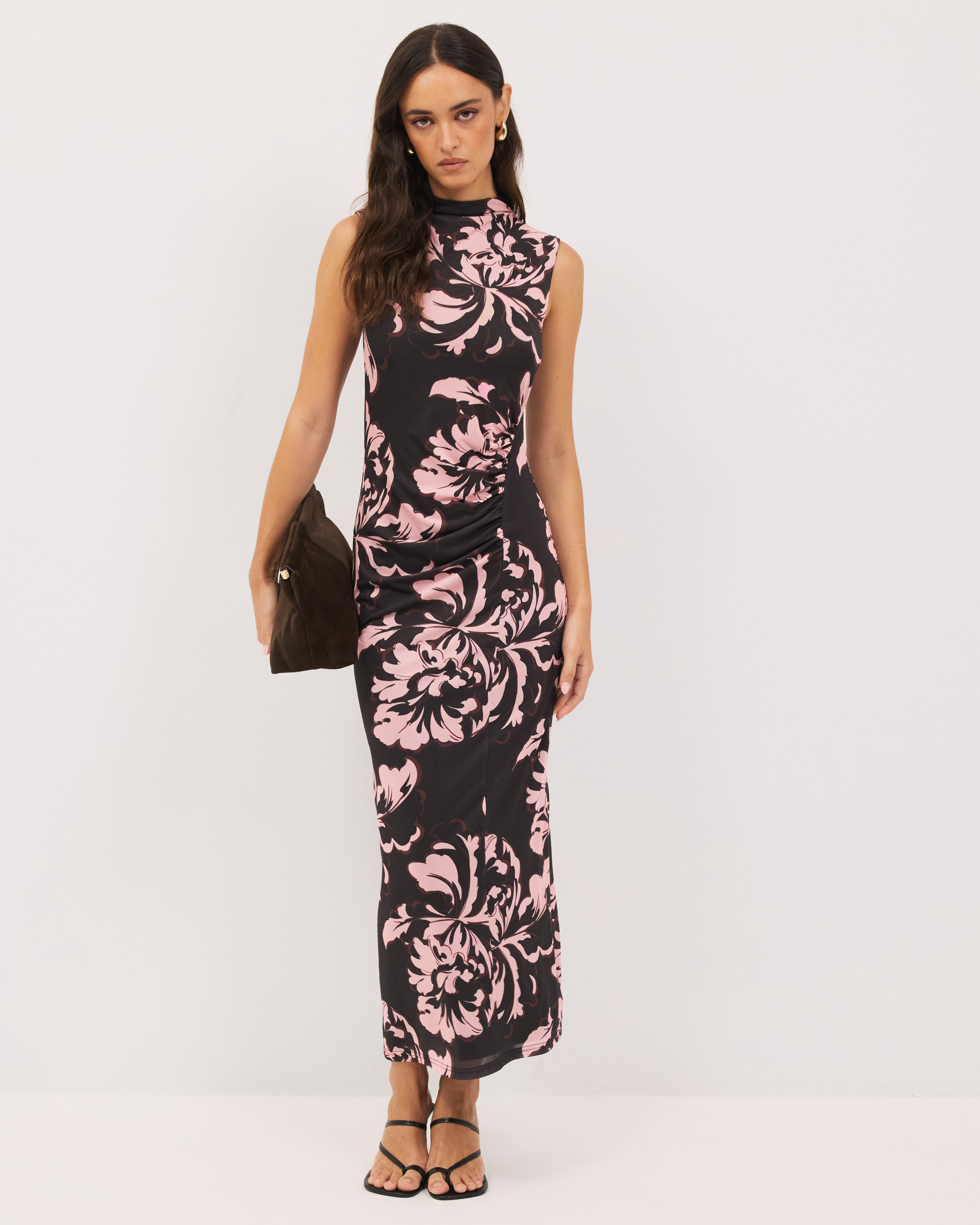 Luca Gathered Mesh Floral Midi Dress