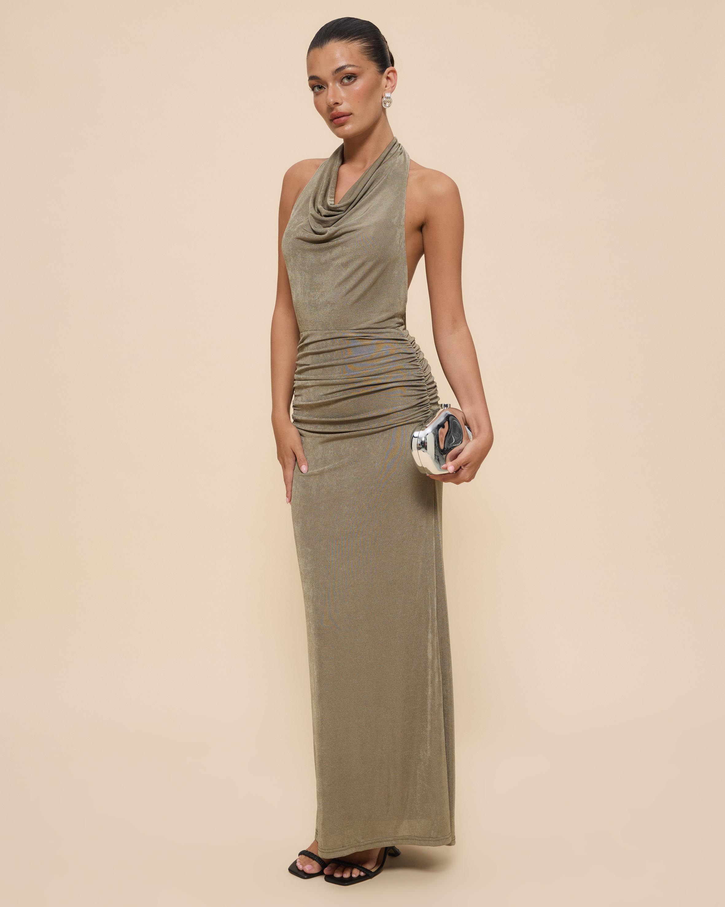 Draped Bodice Halter Jersey Dress