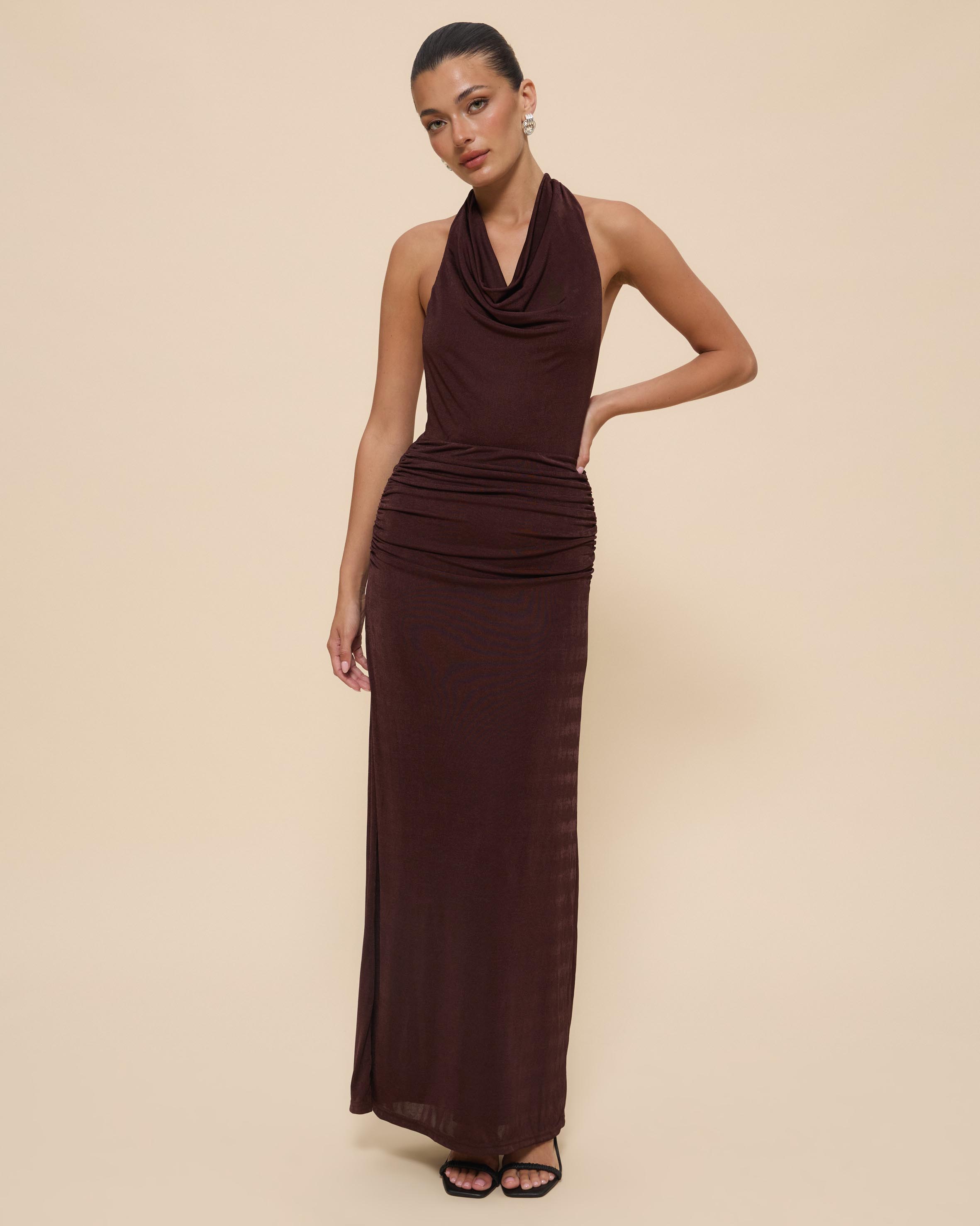 Draped Bodice Halter Jersey Dress