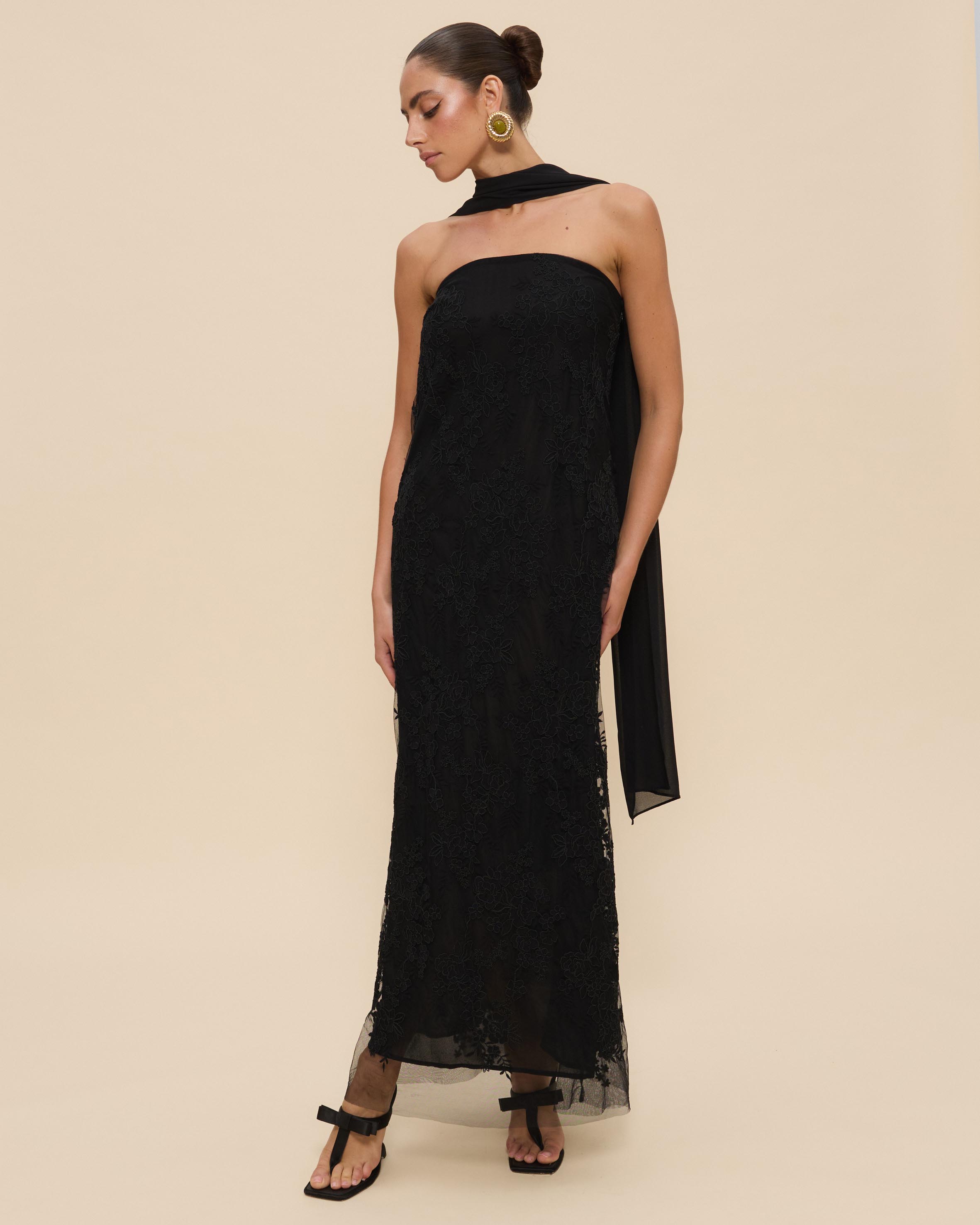 Sana Strapless Sheer Lace Maxi Dress with Scarf