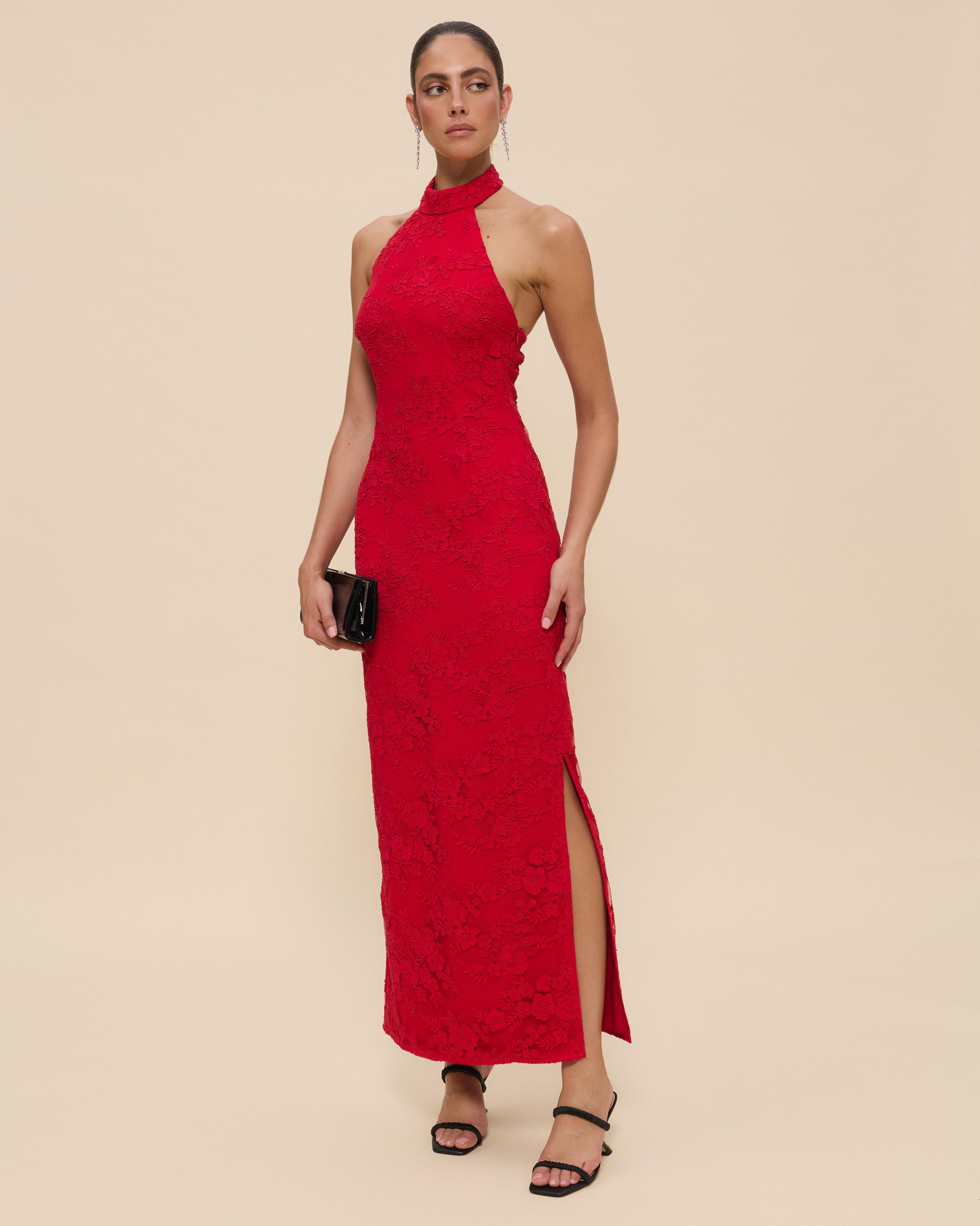 Lara Lace High Neck Halter Maxi Dress
