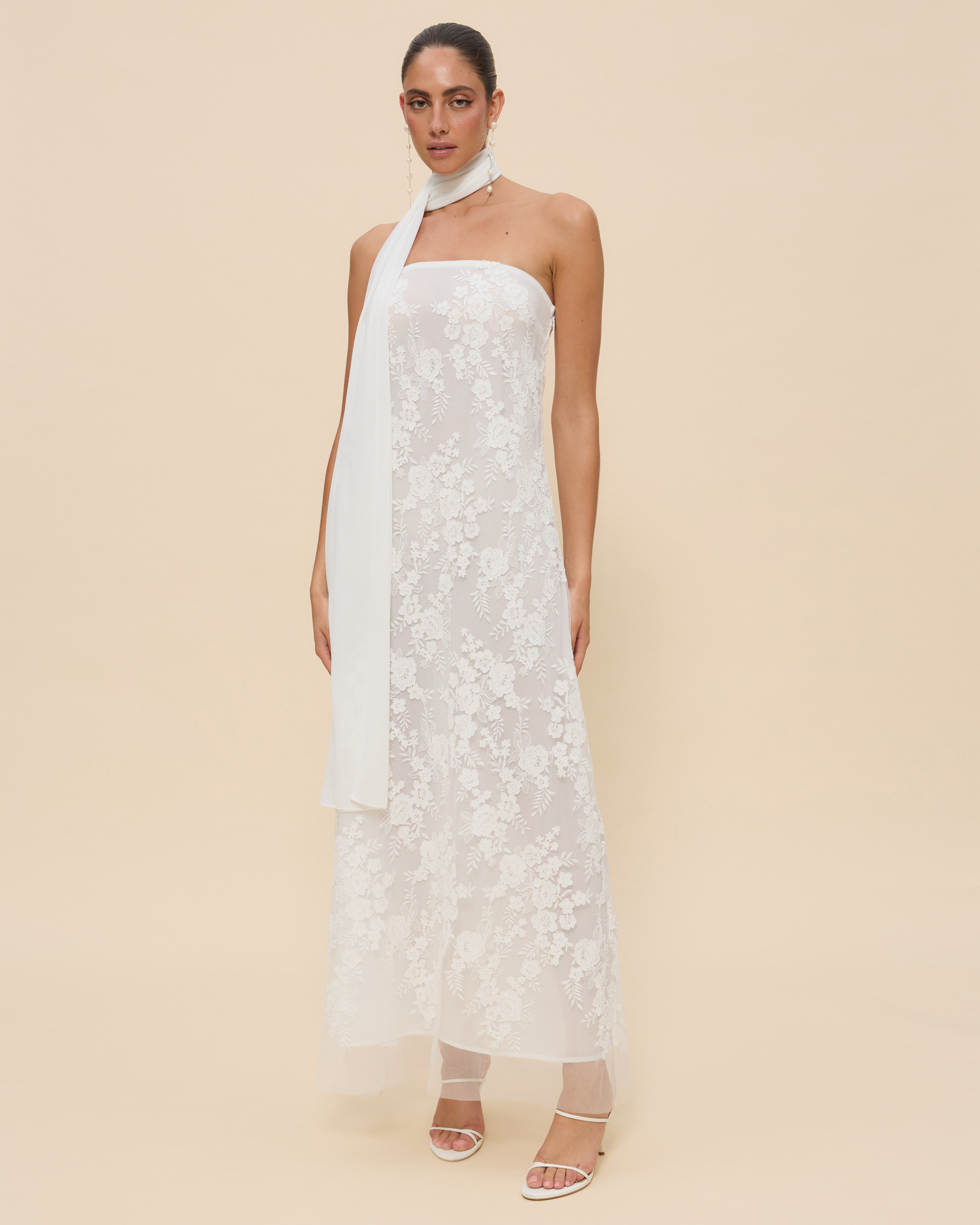 Sana Strapless Sheer Lace Maxi Dress with Scarf