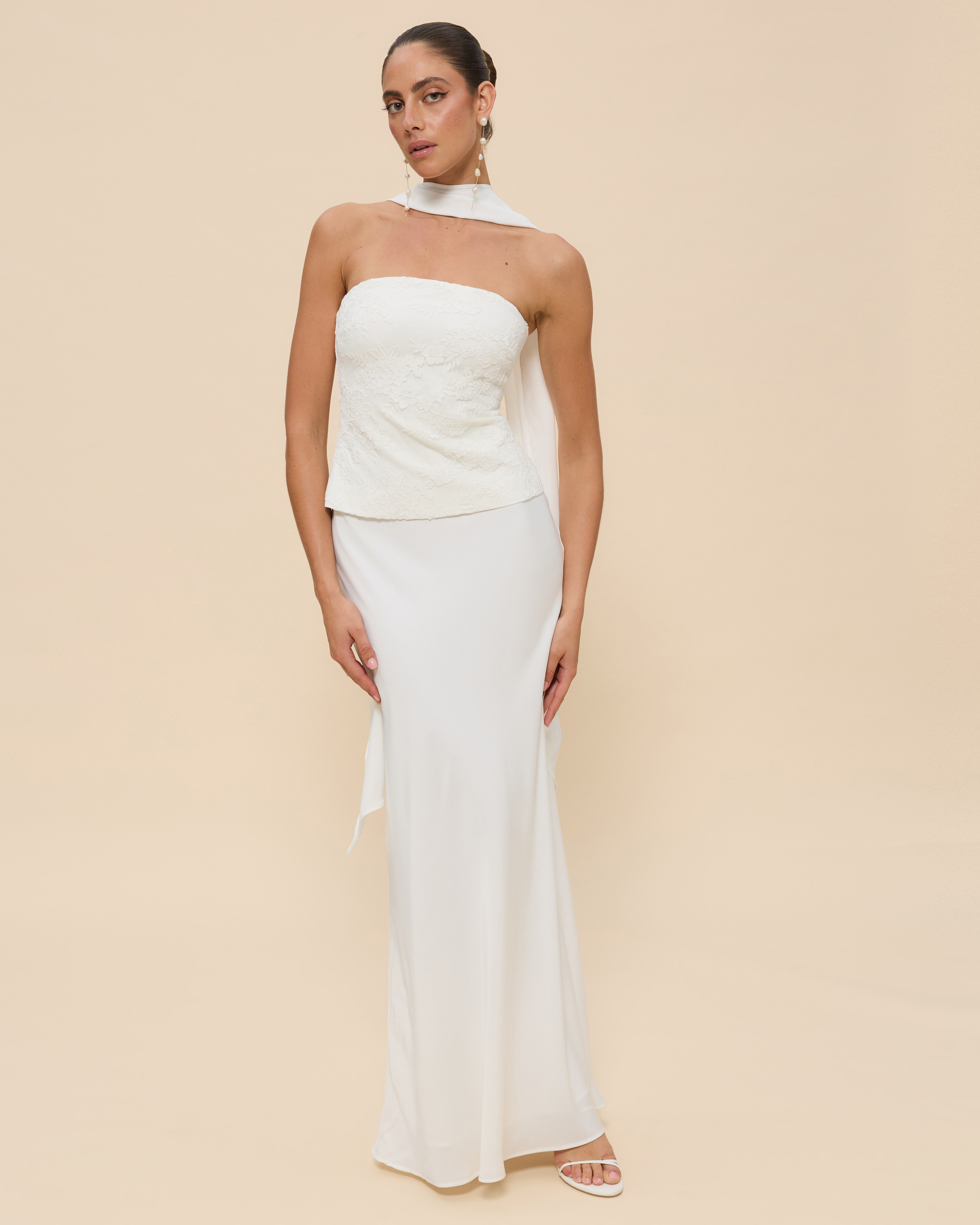 Renn Strapless Lace And Satin Maxi Dress with Scarf