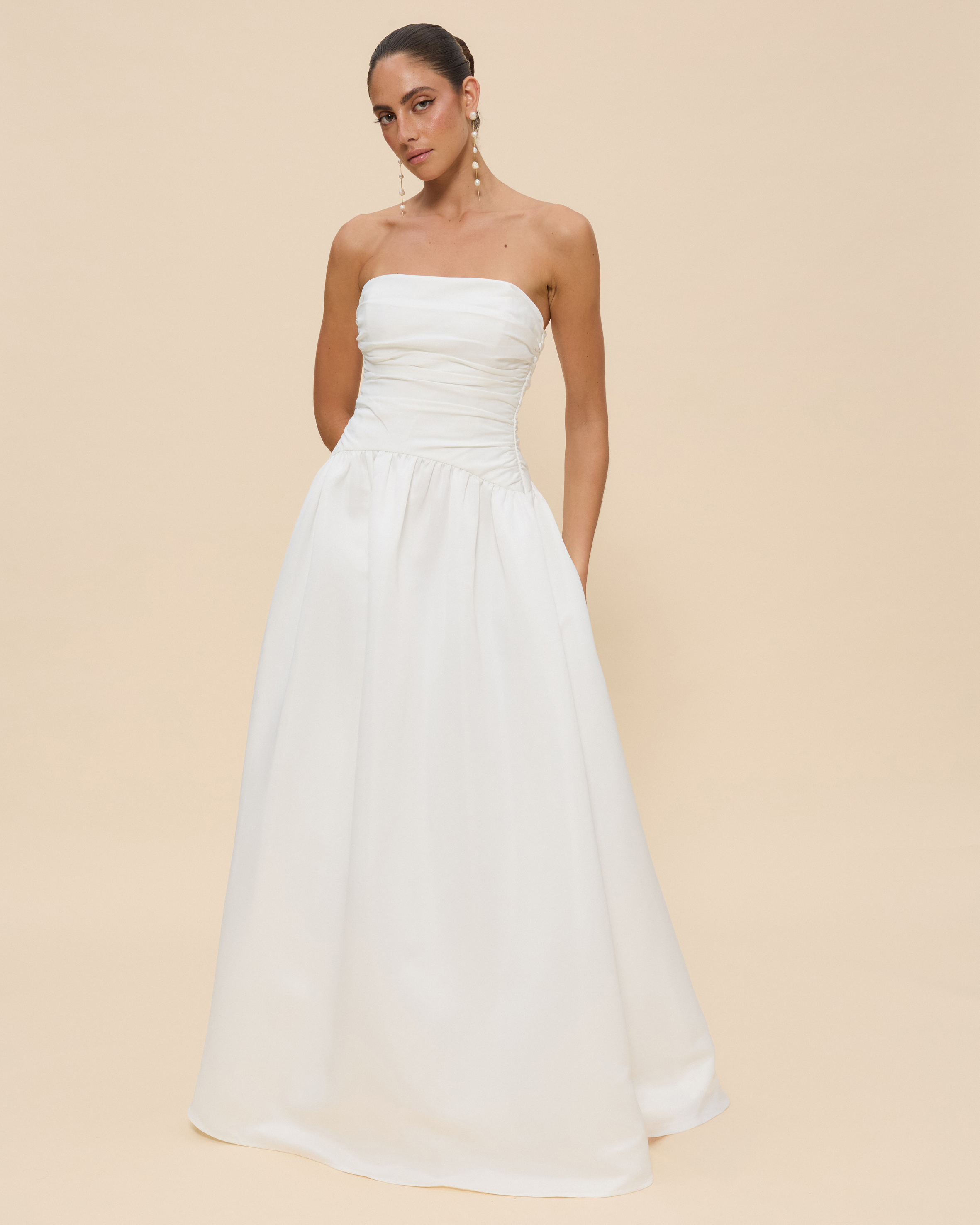 Hazel Drop Waist Strapless Gown