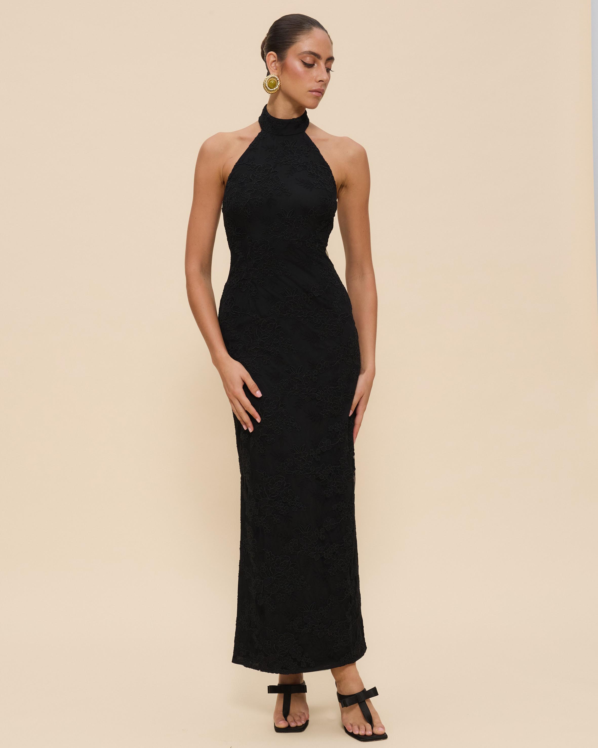 Lara Lace High Neck Halter Maxi Dress