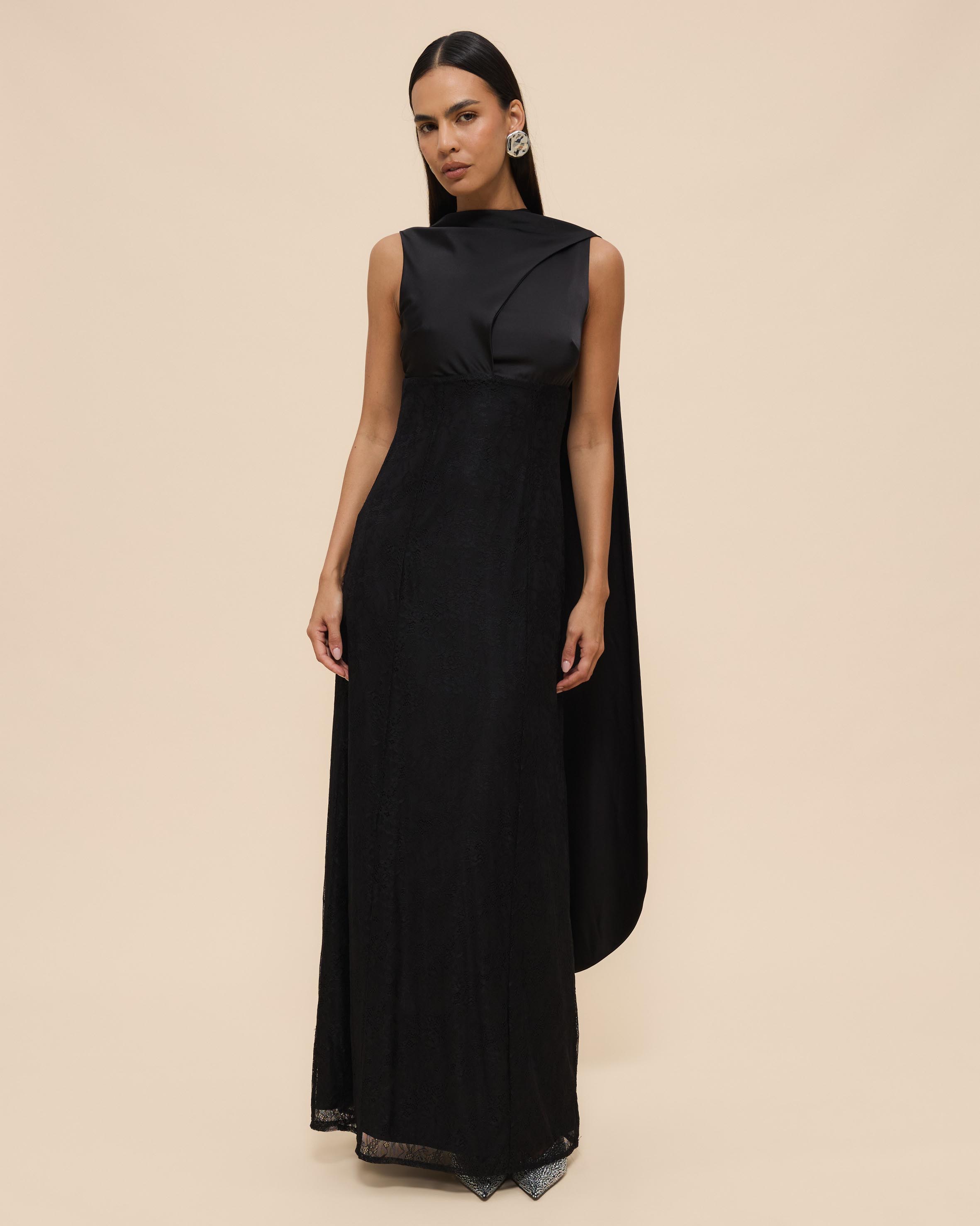 Nia Self Scarf Satin and Lace Maxi Dress