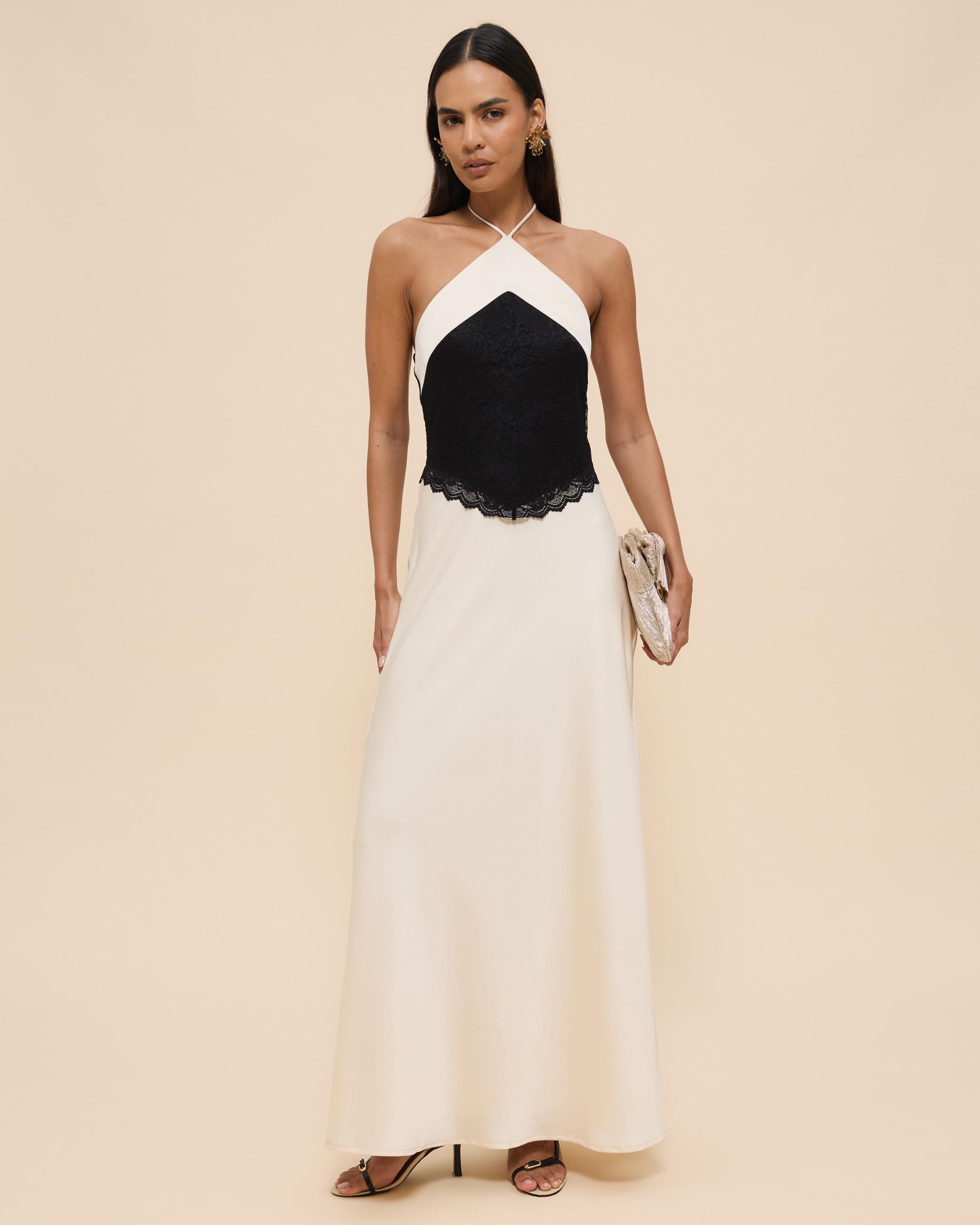 Georgie Halter Neck Lace Panelled Maxi Dress