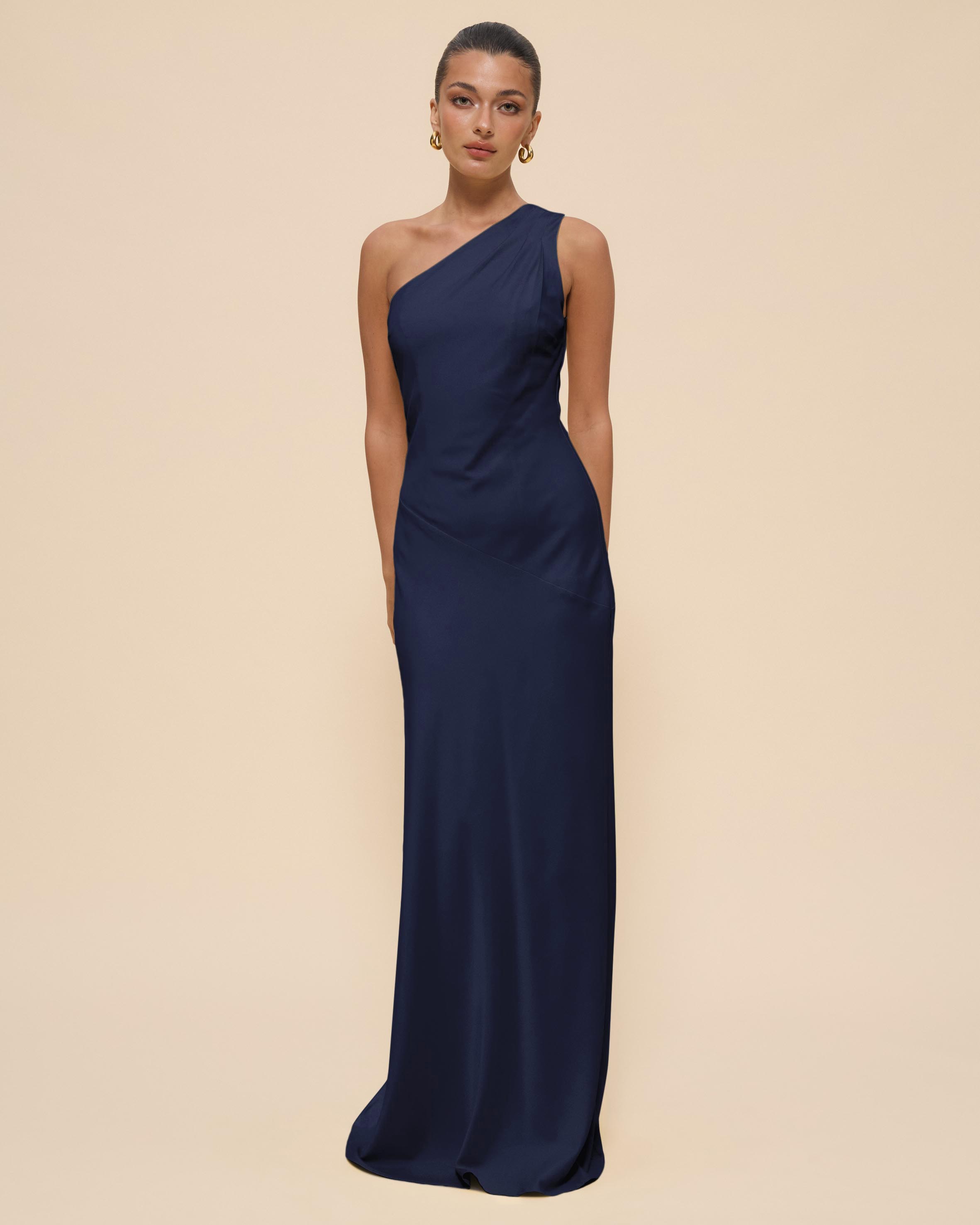Hallie Satin One Shoulder Drape Maxi Dress