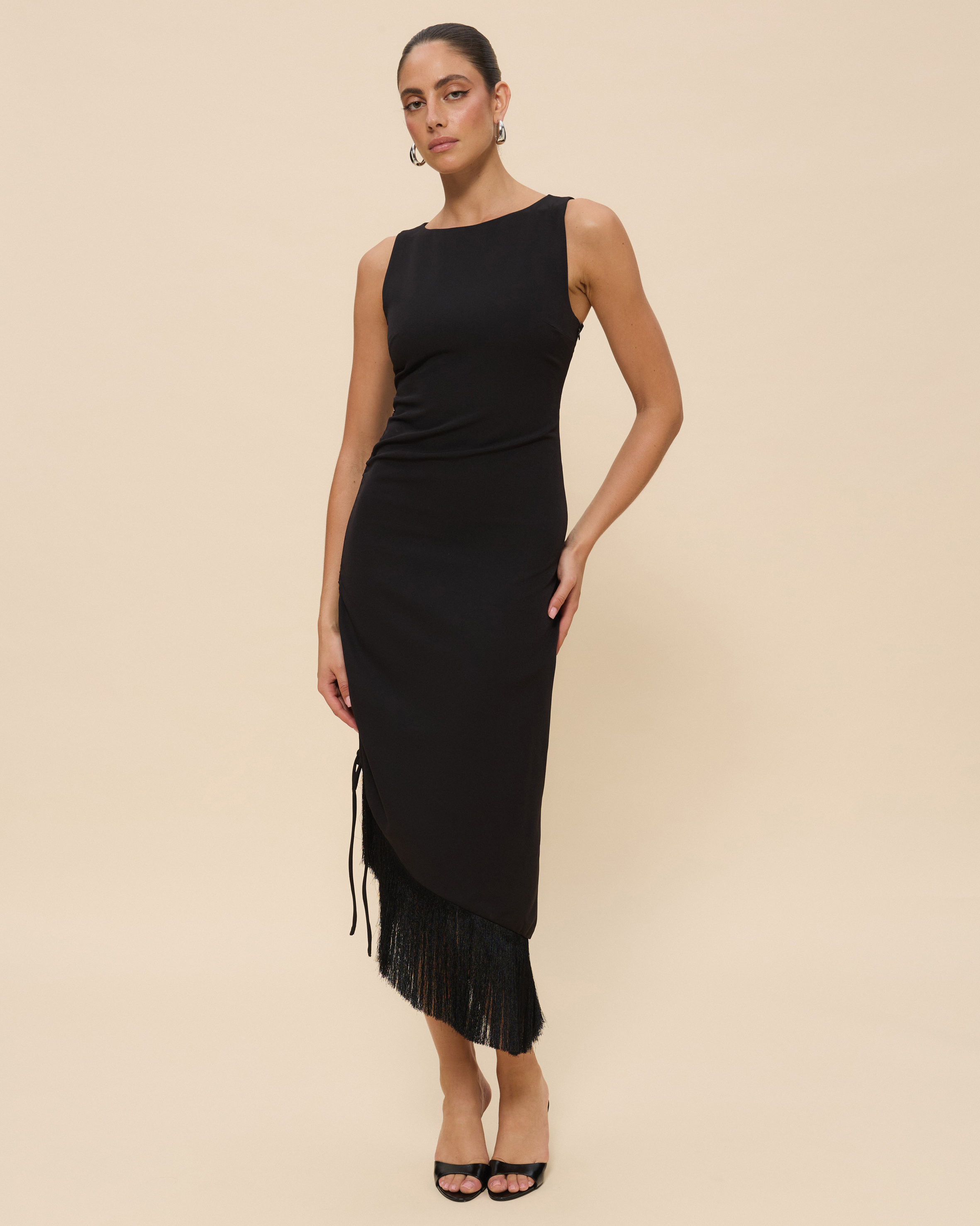 Charlotte Fringe Midi Dress With Gathered Side