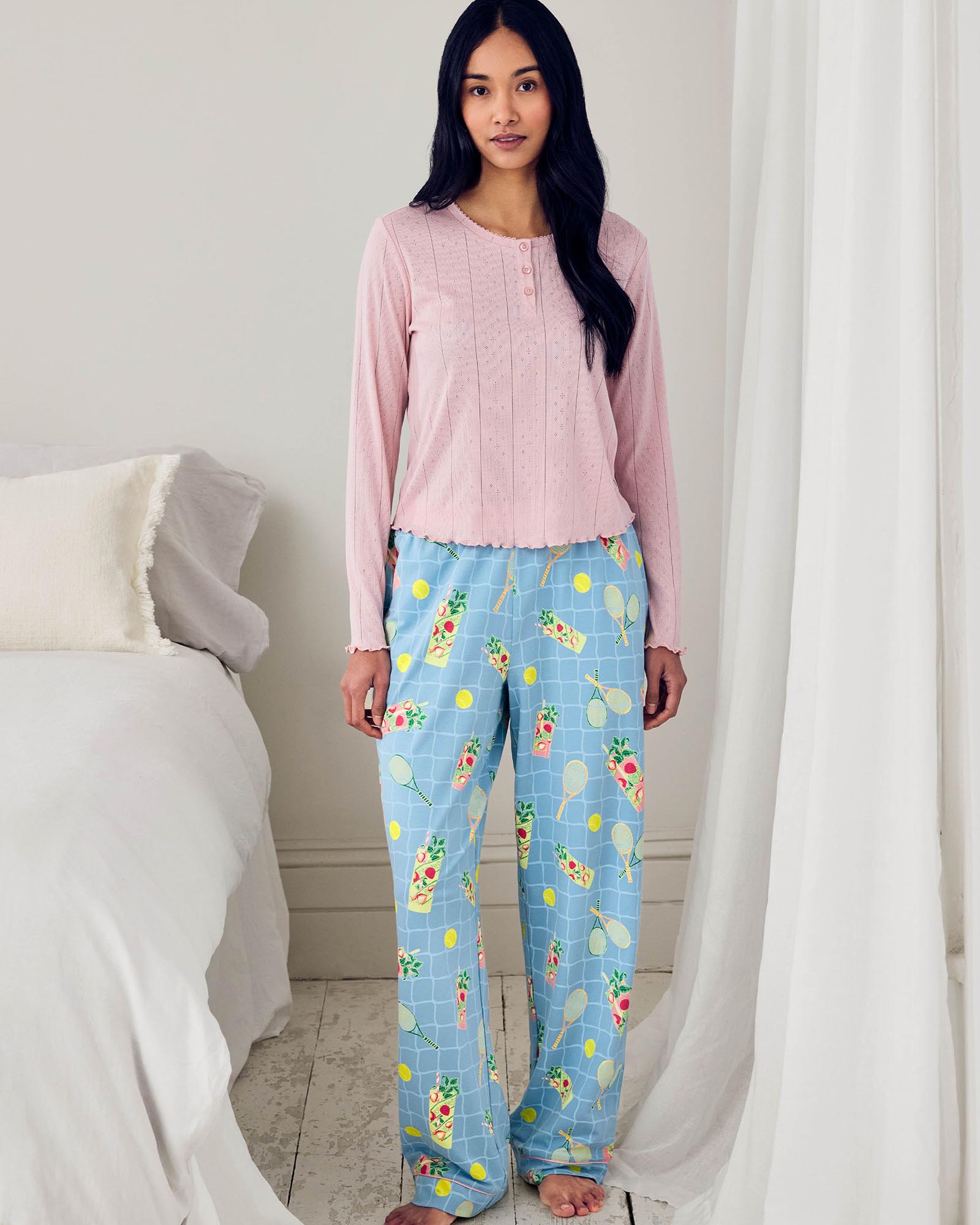 Organic Cotton Tennis Net Cocktail Pointelle Henley Long Pyjama Set