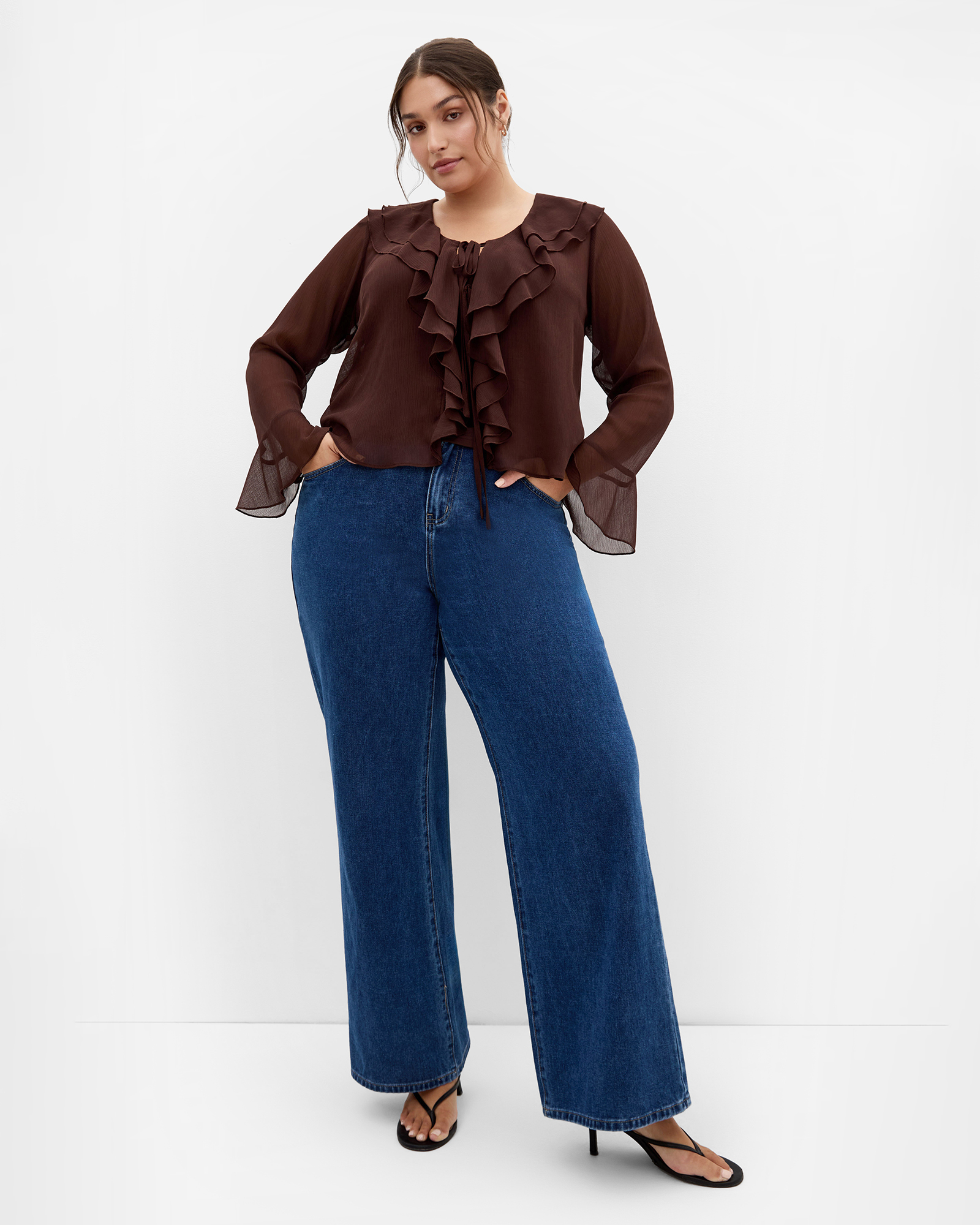 Plus size Luscious Sheer Ruffles Top - chocolate