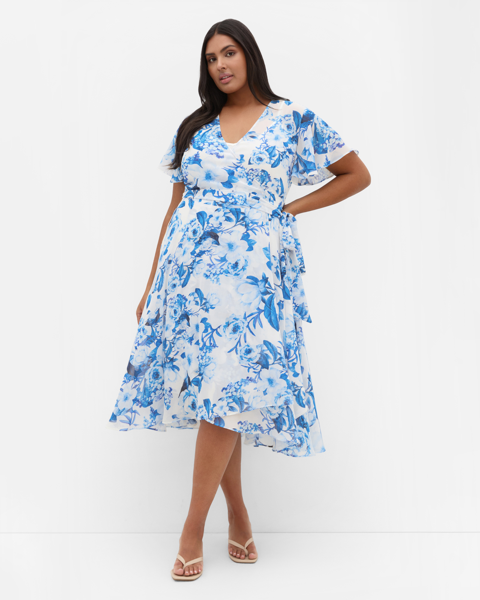 Short Sleeve Print Wrap Midi Dress