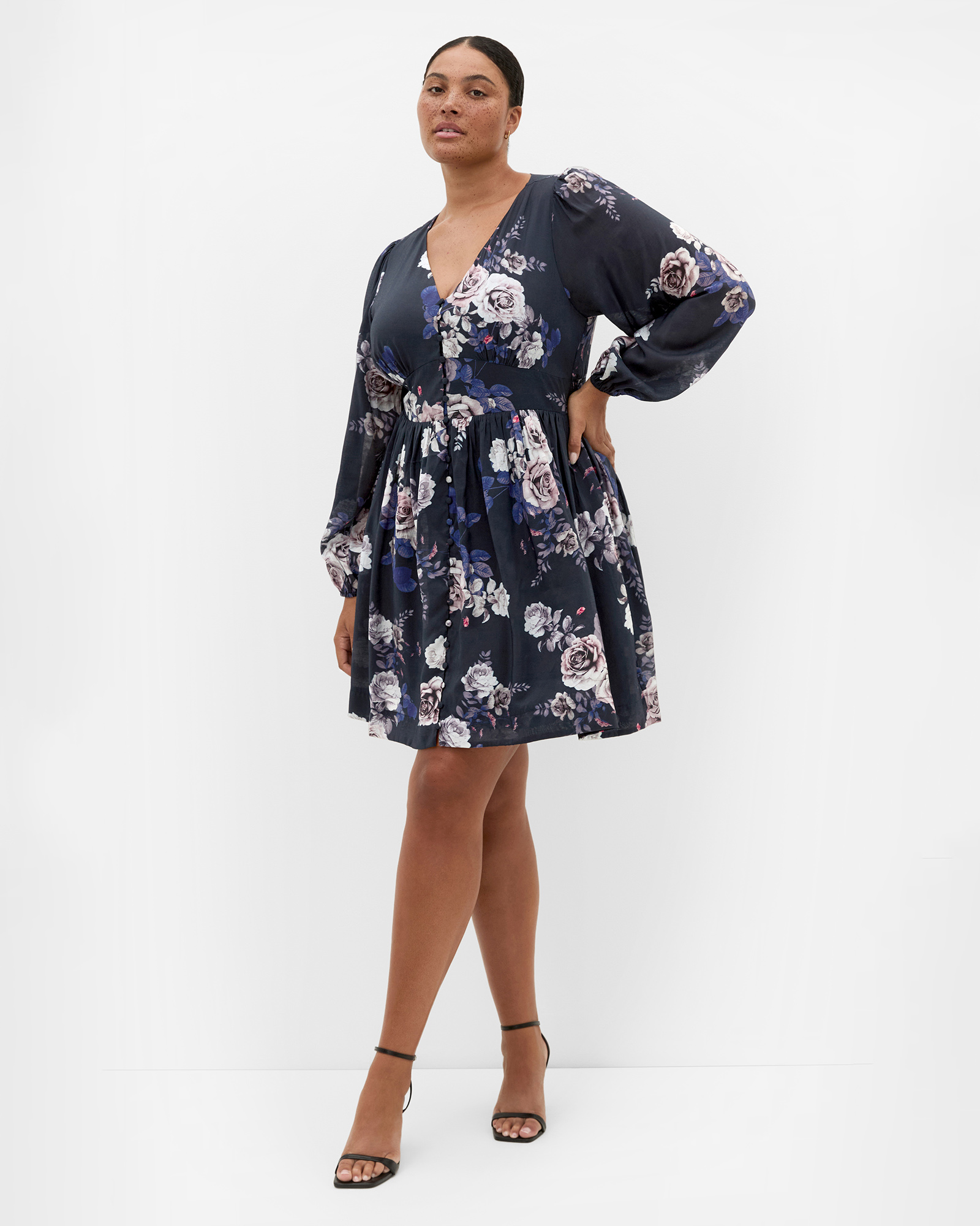 Plus size Silver Blossom Mini Dress - navy